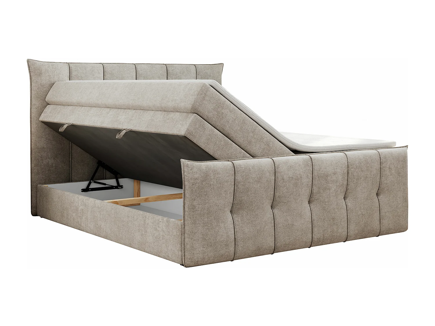 Boxspringbett PREMIUM 11 KING mit Stauraum, gestepptes Kopfteil, zwei Multipocket-Matratzen - 180x200 cm - H4 - Beige Strukture