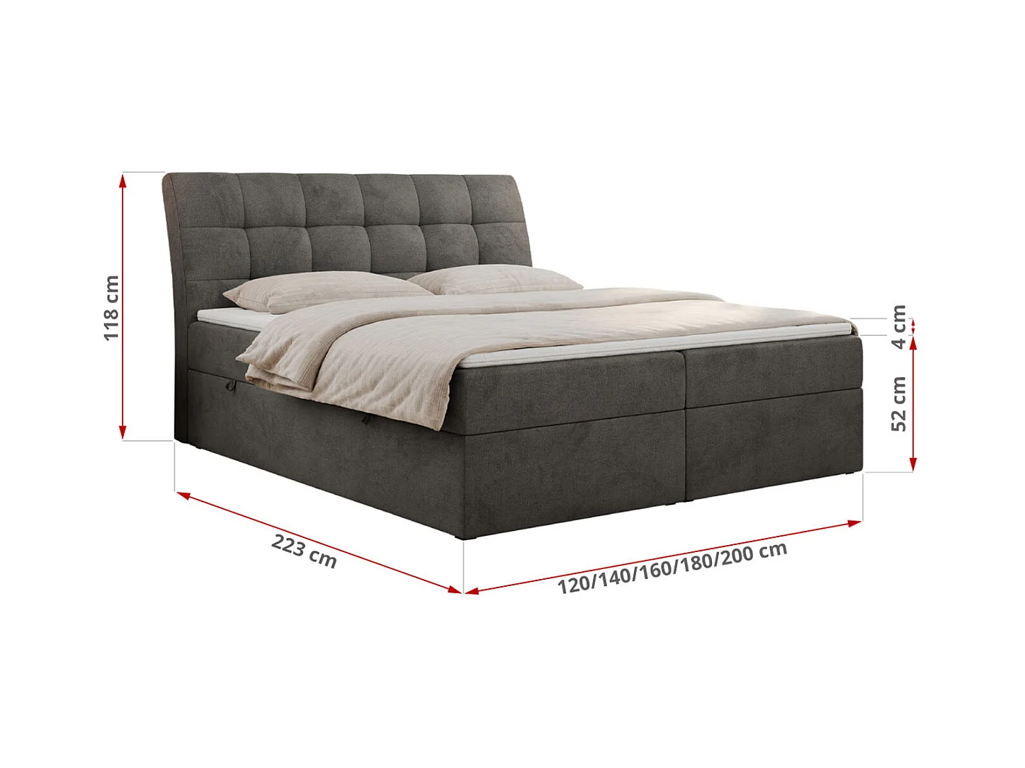Boxspringbett DIEGOS mit Stauraum, gestepptem Kopfteil, Multipocket-Matratze - 120x200 cm - H3 - Dunkelgrau Velvet