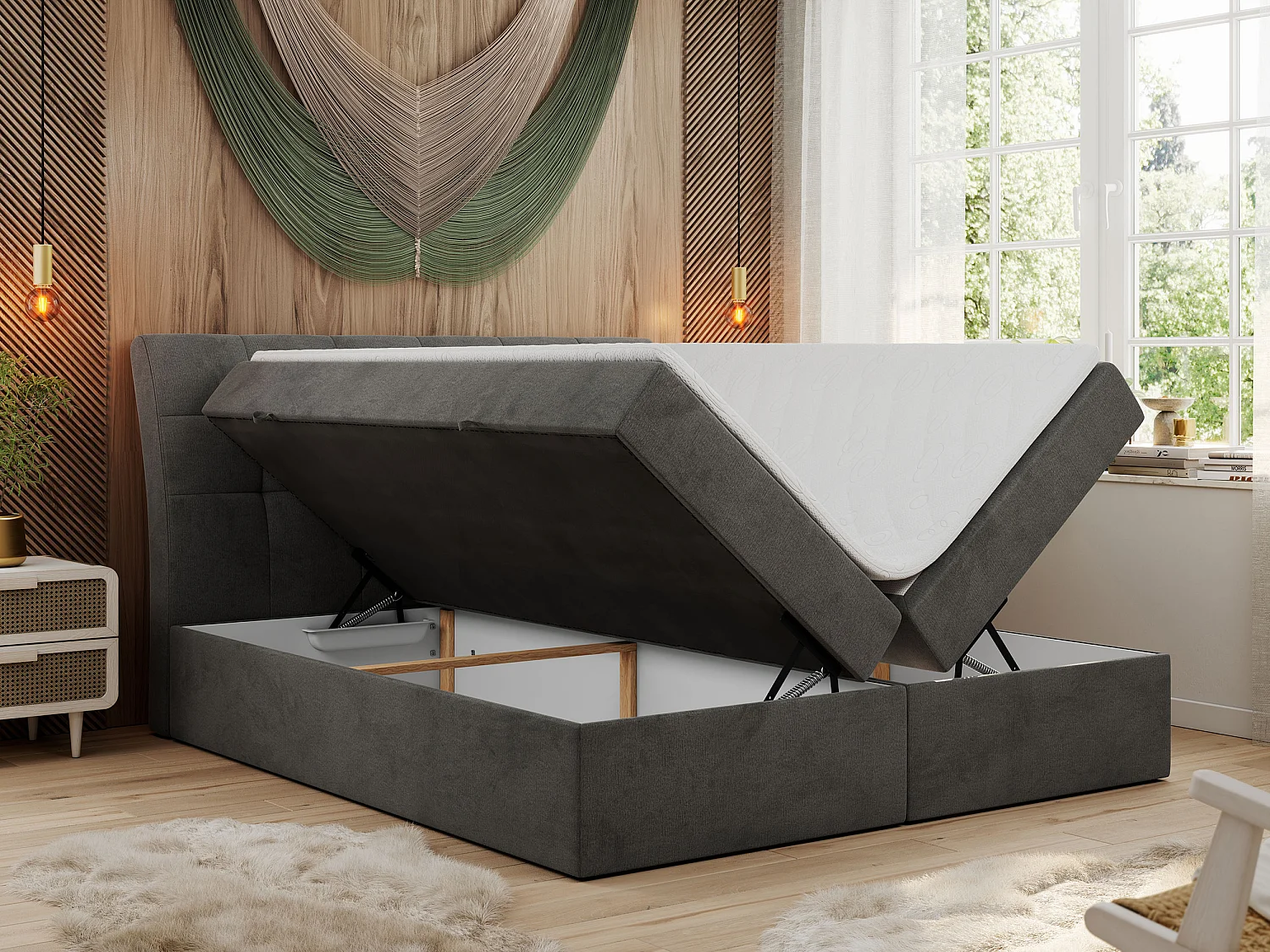 Boxspringbett DIEGOS mit Stauraum, gestepptem Kopfteil, Multipocket-Matratze - 120x200 cm - H3 - Dunkelgrau Velvet