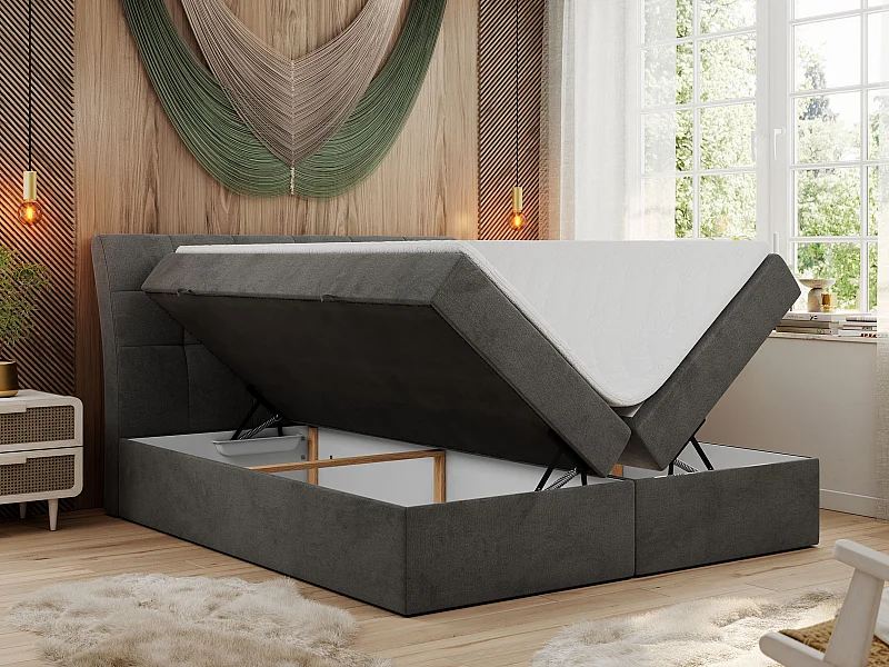 Boxspringbett DIEGOS mit Stauraum, gestepptem Kopfteil, Multipocket-Matratze - 120x200 cm - H3 - Dunkelgrau Velvet
