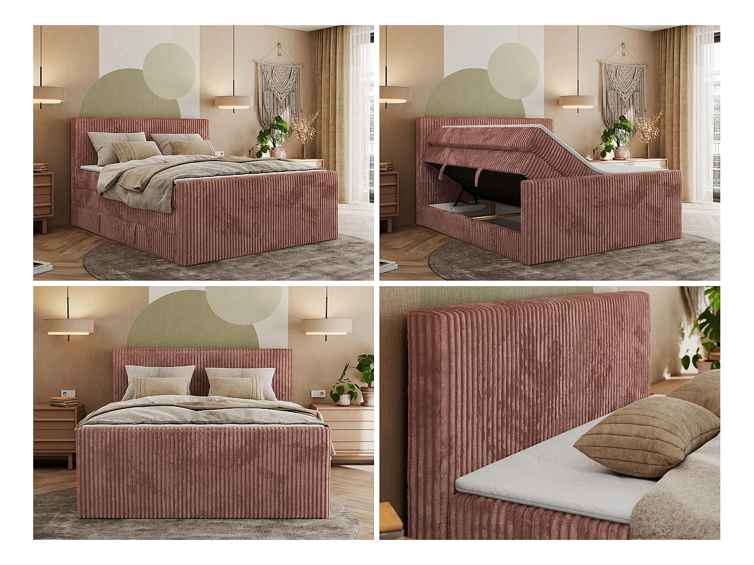 Boxspringbett TILIANO KING DUO, mit zwei Bettkästen, Cord Bett Multipocket-Matratze - 200x200 cm - H4 - Rosa Cord