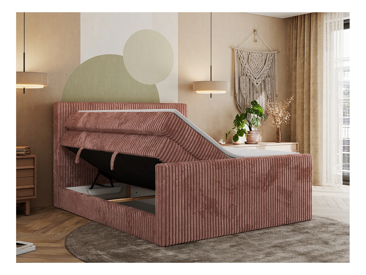 Boxspringbett TILIANO KING DUO, mit zwei Bettkästen, Cord Bett Multipocket-Matratze - 200x200 cm - H4 - Rosa Cord