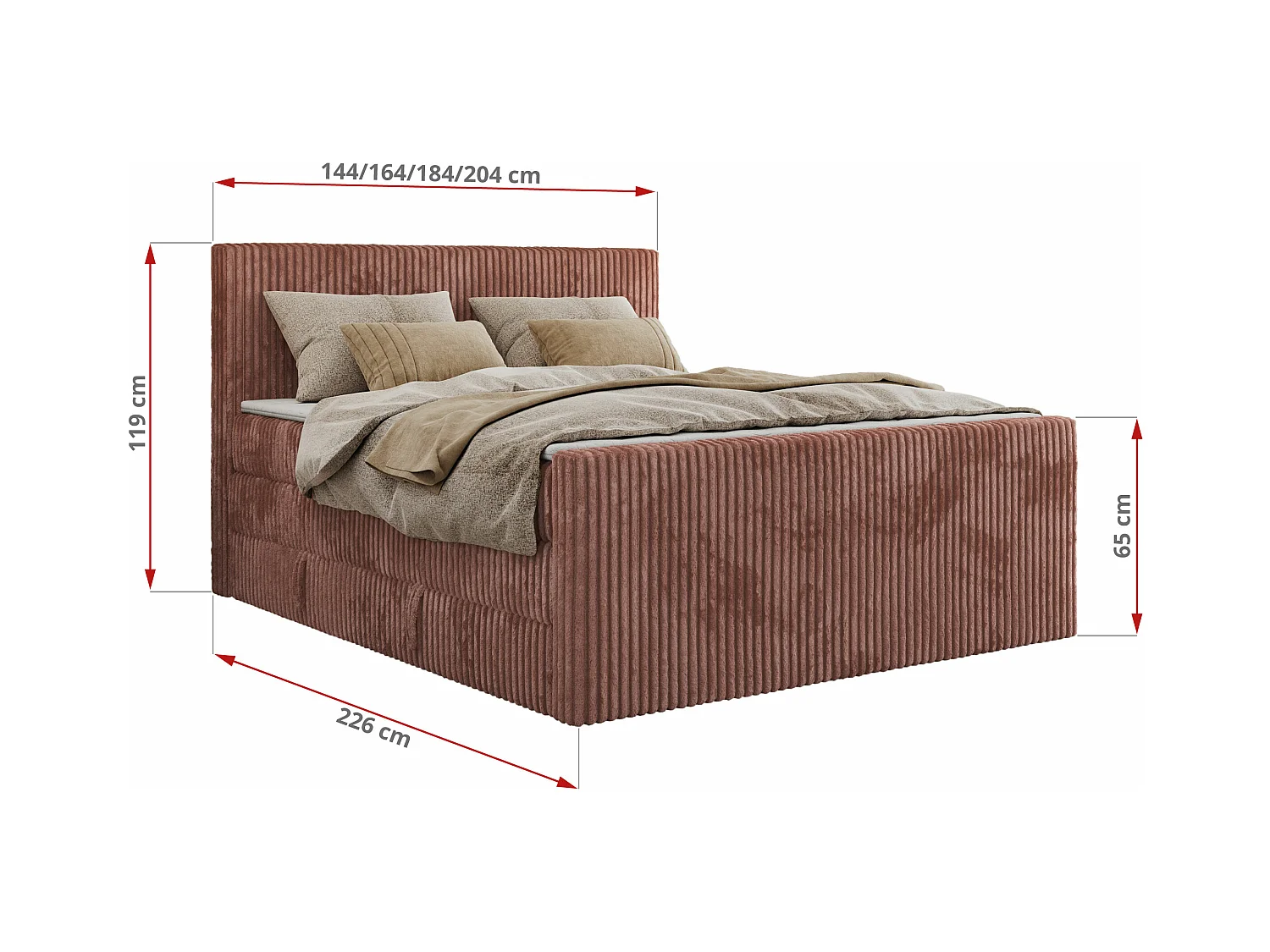 Boxspringbett TILIANO KING DUO, mit zwei Bettkästen, Cord Bett Multipocket-Matratze - 200x200 cm - H4 - Rosa Cord