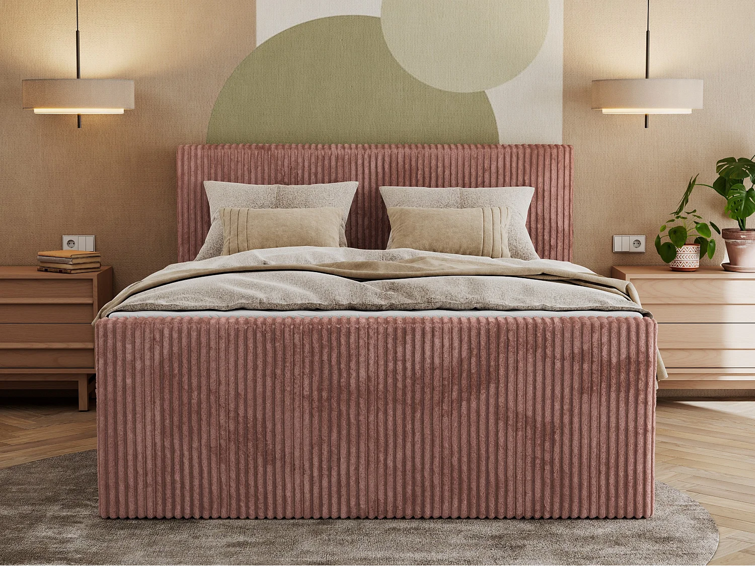 Boxspringbett TILIANO KING DUO, mit zwei Bettkästen, Cord Bett Multipocket-Matratze - 200x200 cm - H4 - Rosa Cord