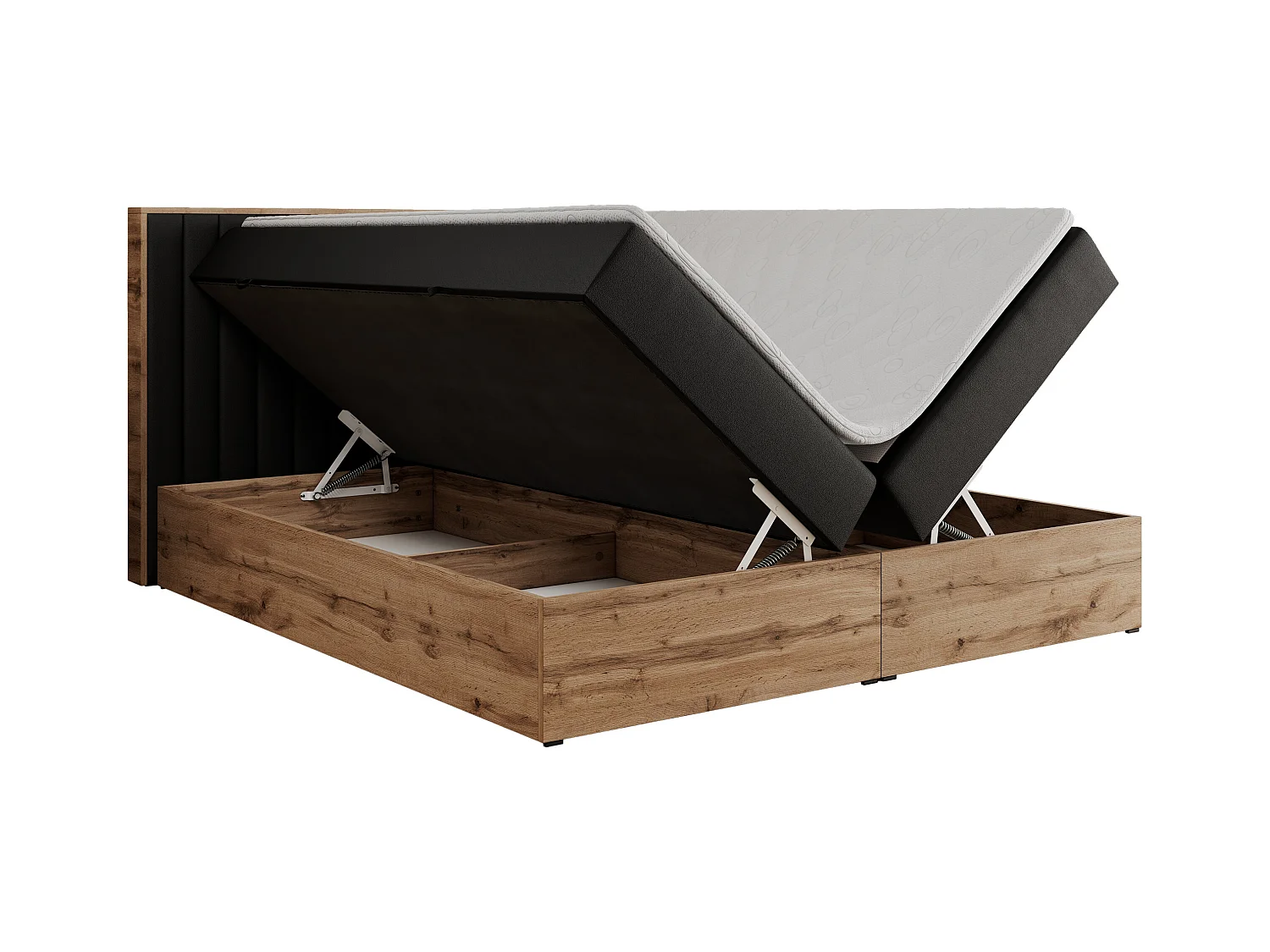Boxspringbett ALBERO 4, Eiche Wotan Holzrahmen, mit Stauraum, genähtes Kopfteil - 160x200 cm - H4 - Schwarz Kunstleder
