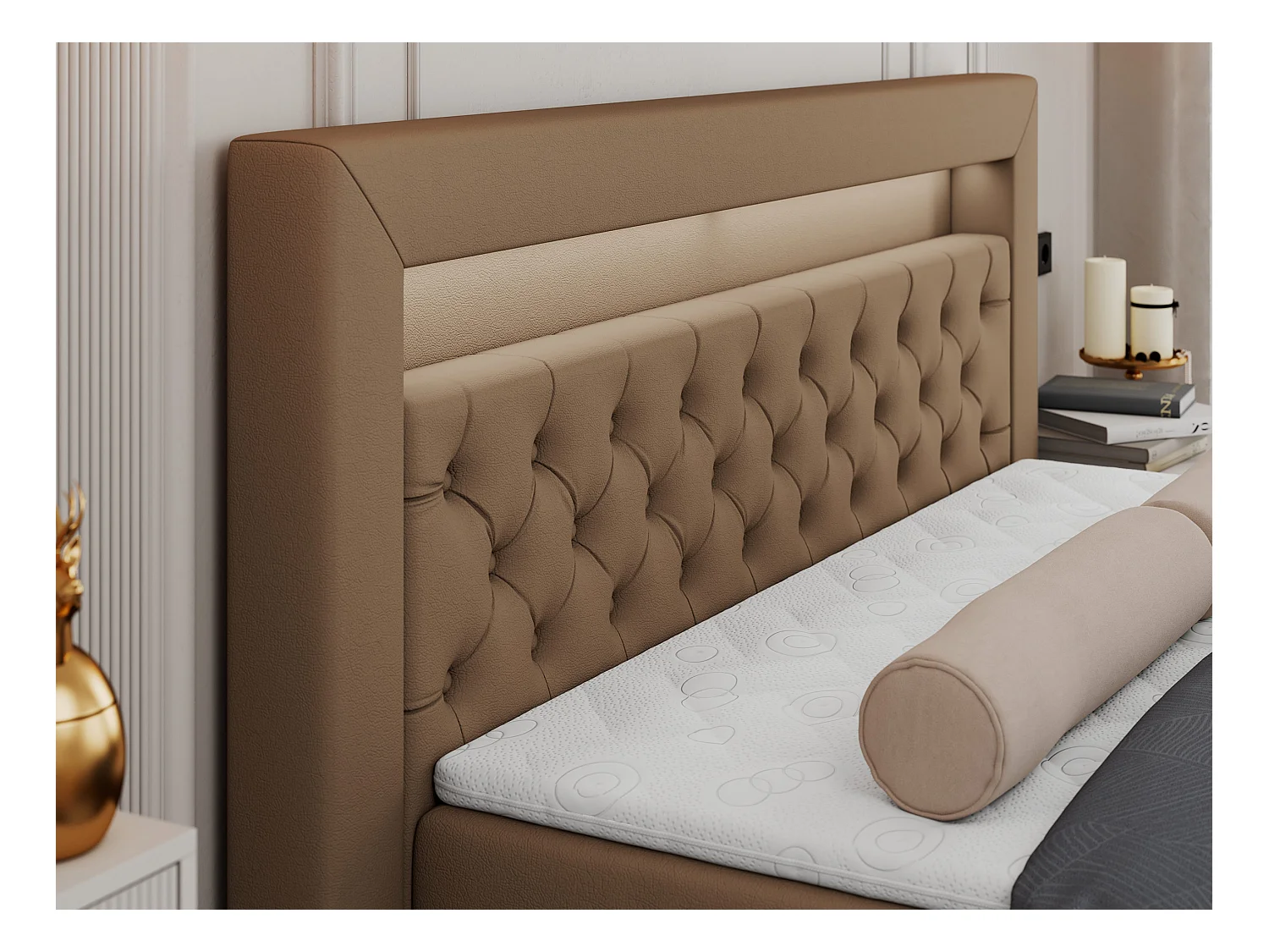 Boxspringbett GOLD 6, Doppelbett mit Stauraum, LED-Beleuchtung, gesteppte Kopfstütze - 140x200 cm - H4 - Braun Kunstleder
