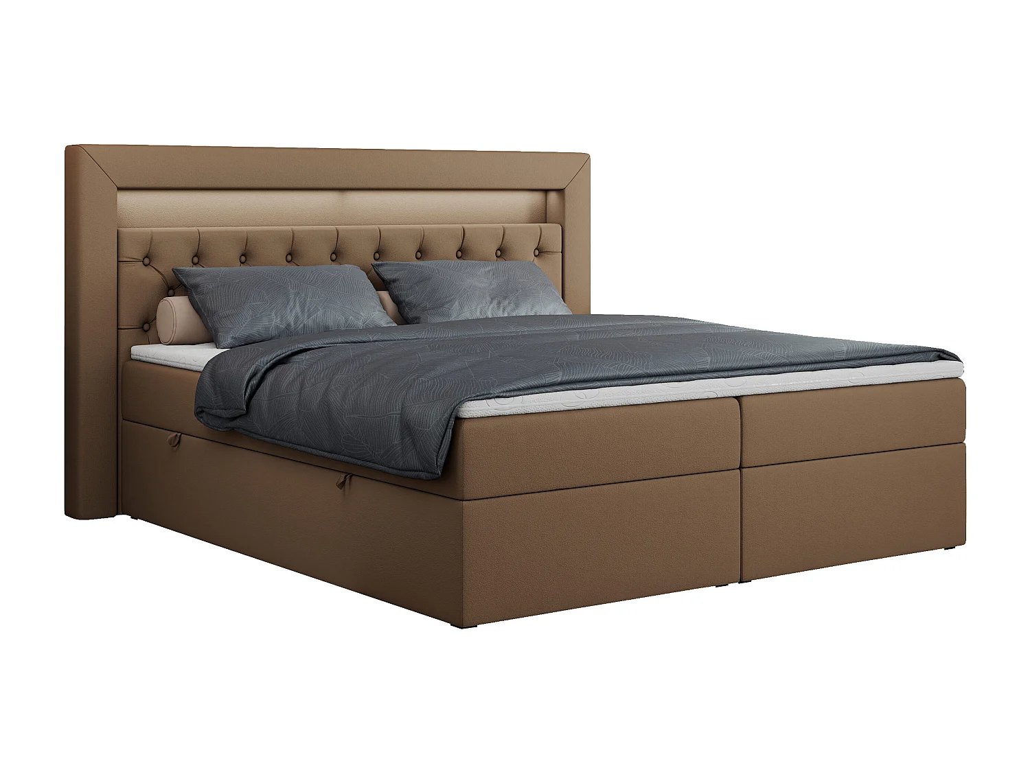 Boxspringbett GOLD 6, Doppelbett mit Stauraum, LED-Beleuchtung, gesteppte Kopfstütze - 140x200 cm - H4 - Braun Kunstleder