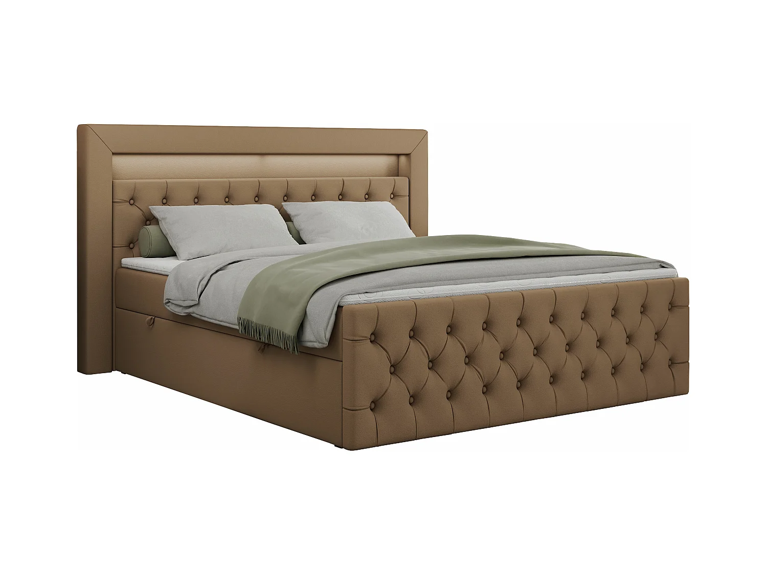 Boxspringbett GOLD 9 mit Stauraum, Multipocket-Matratze, gestepptes Bett, LED Beleuchtung - 160x200 cm - H3 - Braun Kunstleder
