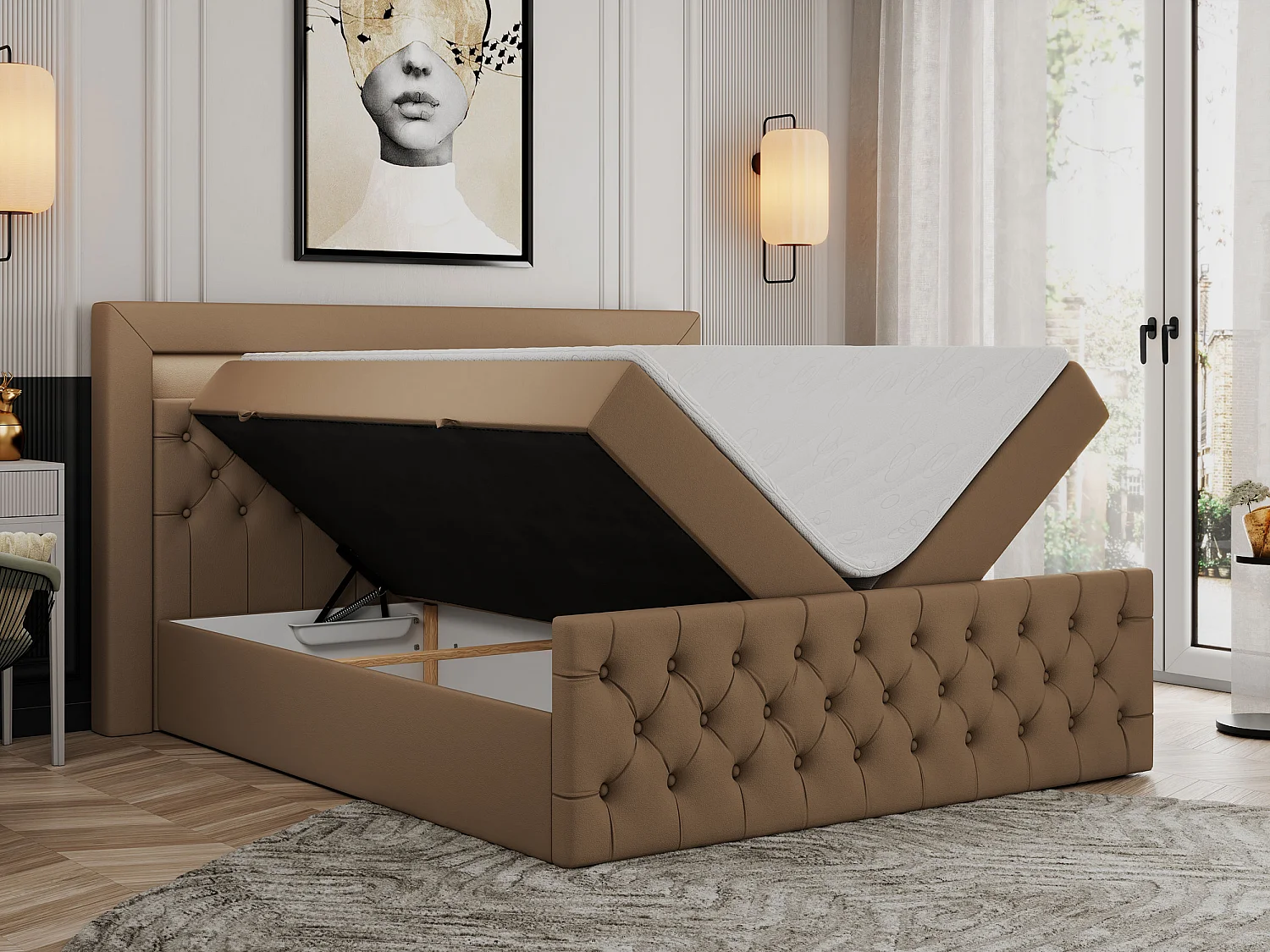 Boxspringbett GOLD 9 mit Stauraum, Multipocket-Matratze, gestepptes Bett, LED Beleuchtung - 160x200 cm - H3 - Braun Kunstleder
