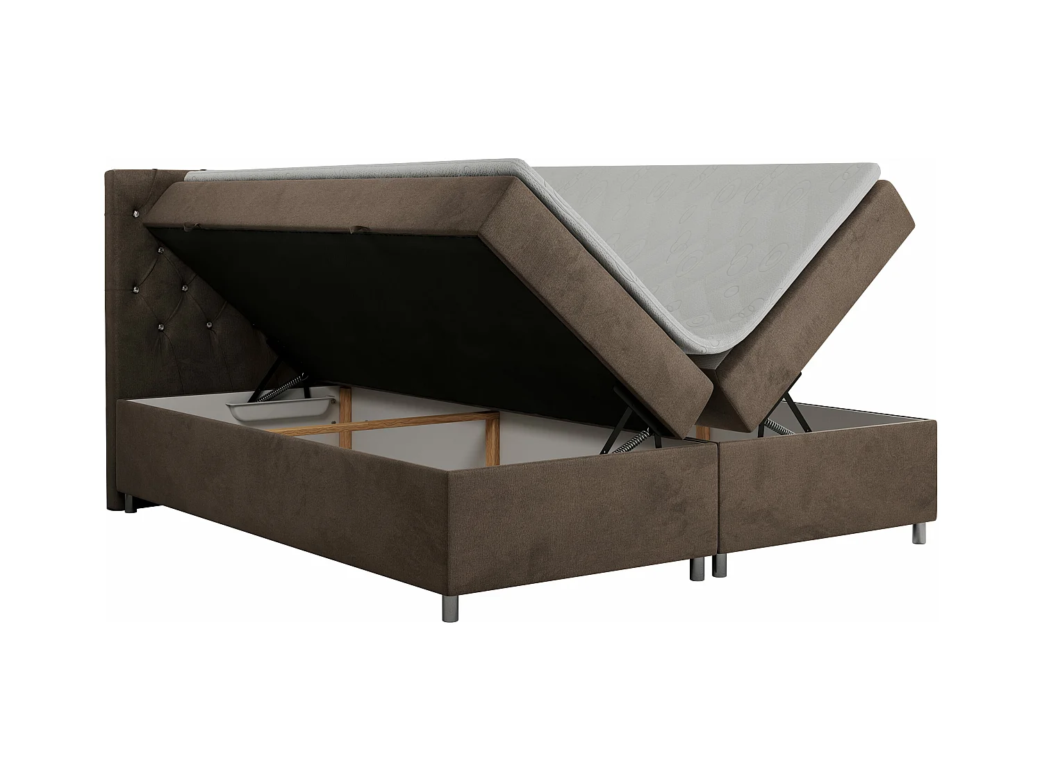 Boxspringbett ROMA mit gestepptem Kopfteil, Multipocket-Matratze, dekorative Füße - 180x200 cm - H4 - Braun Velvet