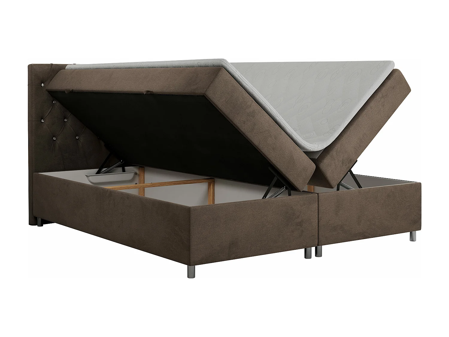 Boxspringbett ROMA mit gestepptem Kopfteil, Multipocket-Matratze, dekorative Füße - 180x200 cm - H4 - Braun Velvet
