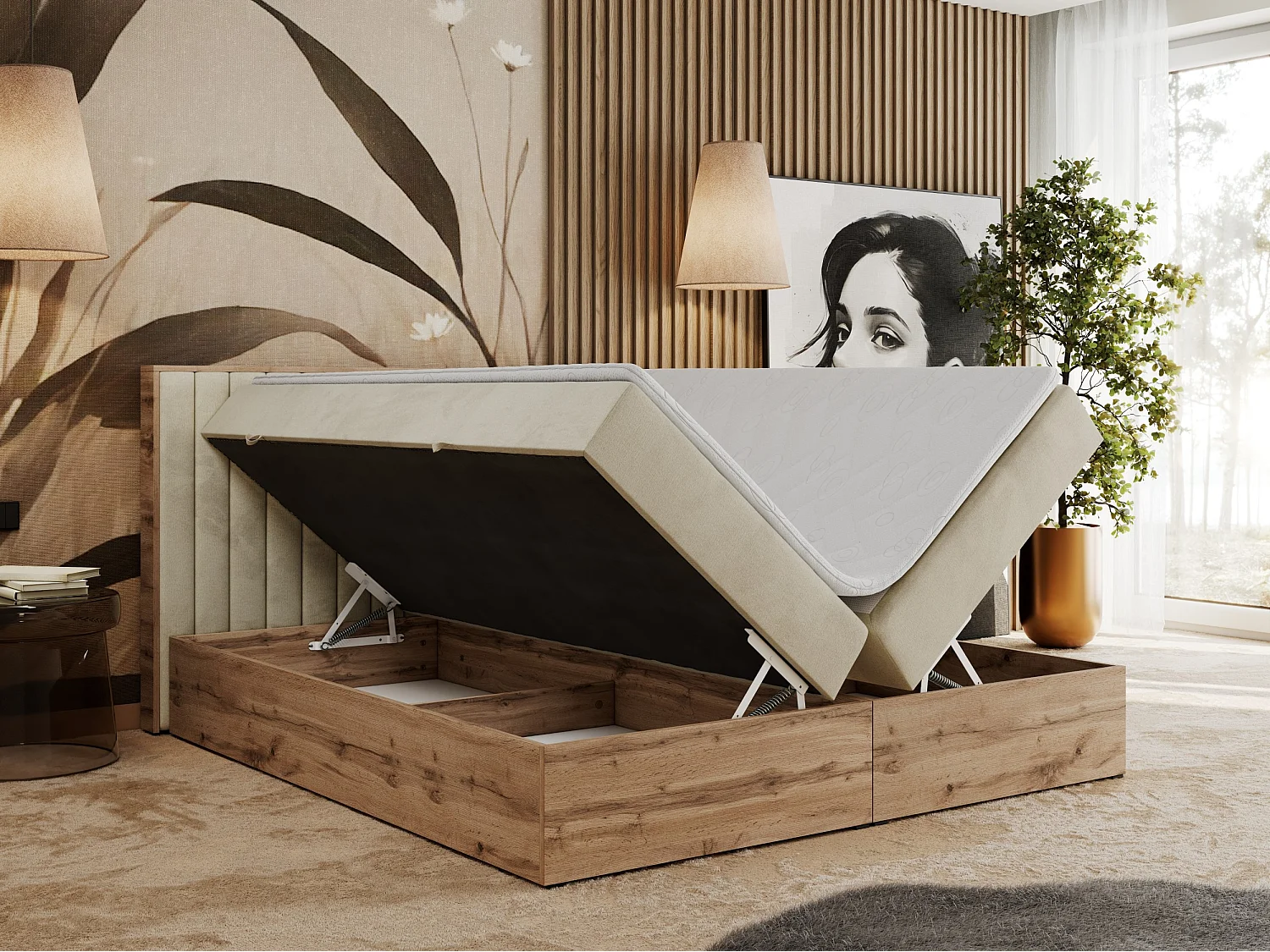 Boxspringbett ALBERO 4, Eiche Wotan Holzrahmen, mit Stauraum, genähtes Kopfteil - 200x200 cm - H3 - Beige Velvet