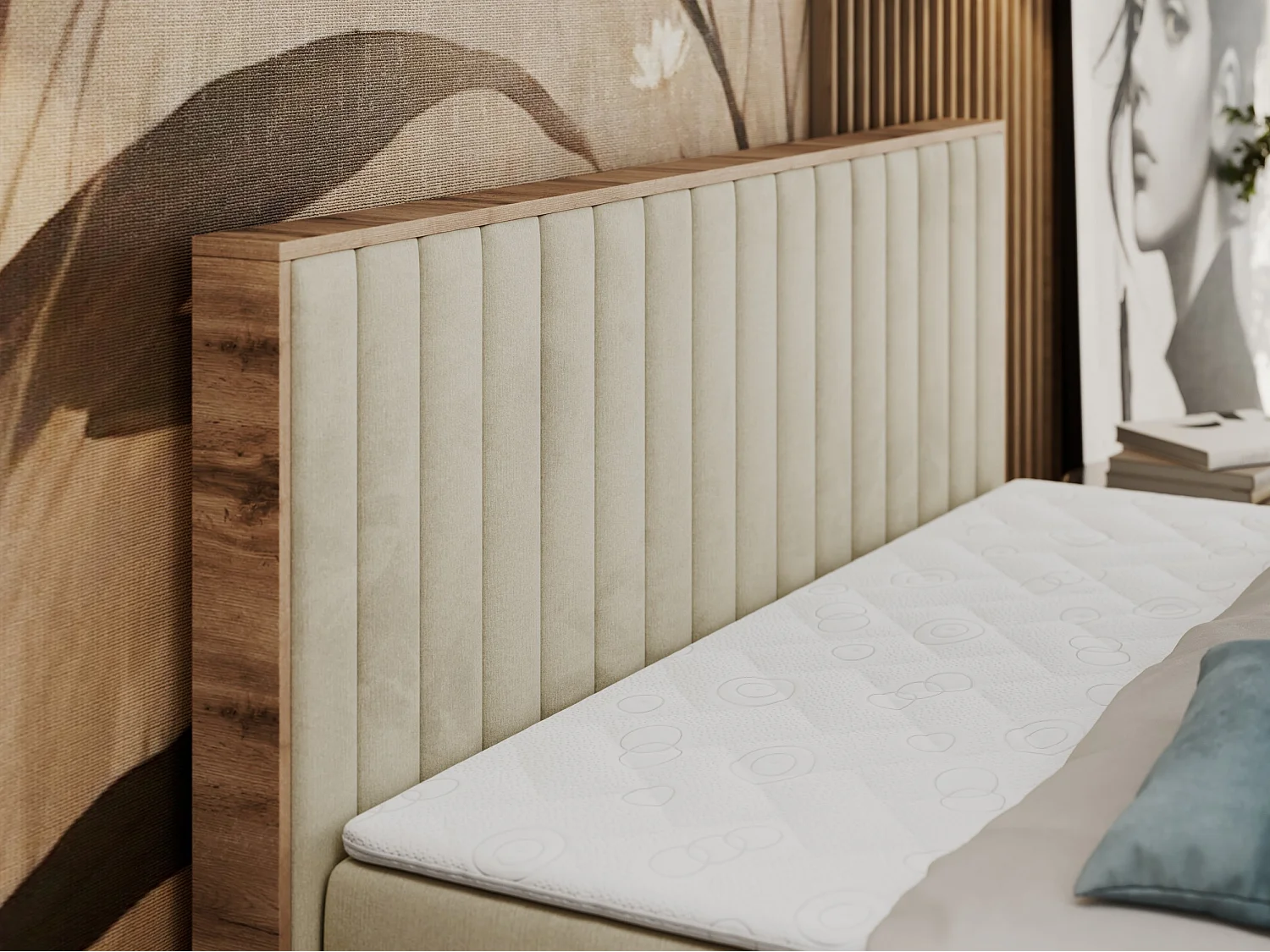 Boxspringbett ALBERO 4, Eiche Wotan Holzrahmen, mit Stauraum, genähtes Kopfteil - 200x200 cm - H3 - Beige Velvet