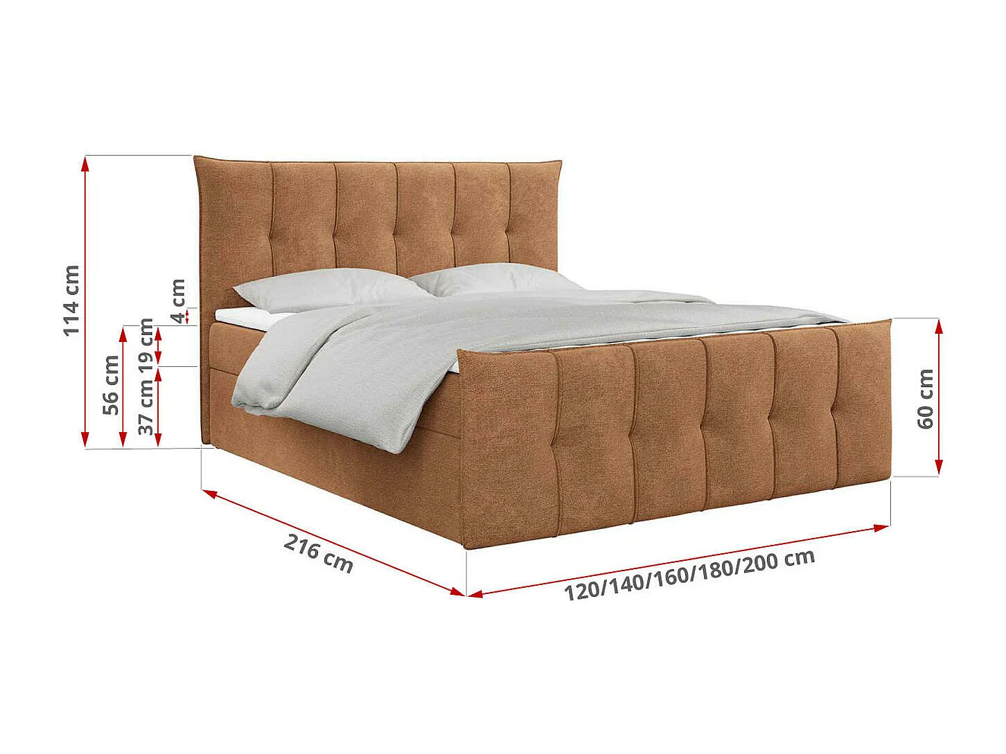 Boxspringbett PREMIUM 11 mit Stauraum, gestepptem Kopfteil, Multipocket-Matratze und Topper - 120x200 cm - H3 - Orange Strukture