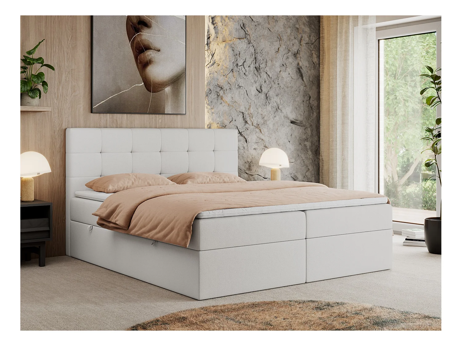 Boxspringbett CENTOS mit gestepptem Kopfteil, Multipocket-Matratze, Doppelbett mit Stauraum - 200x200 cm - H3 - Weiß Kunstleder