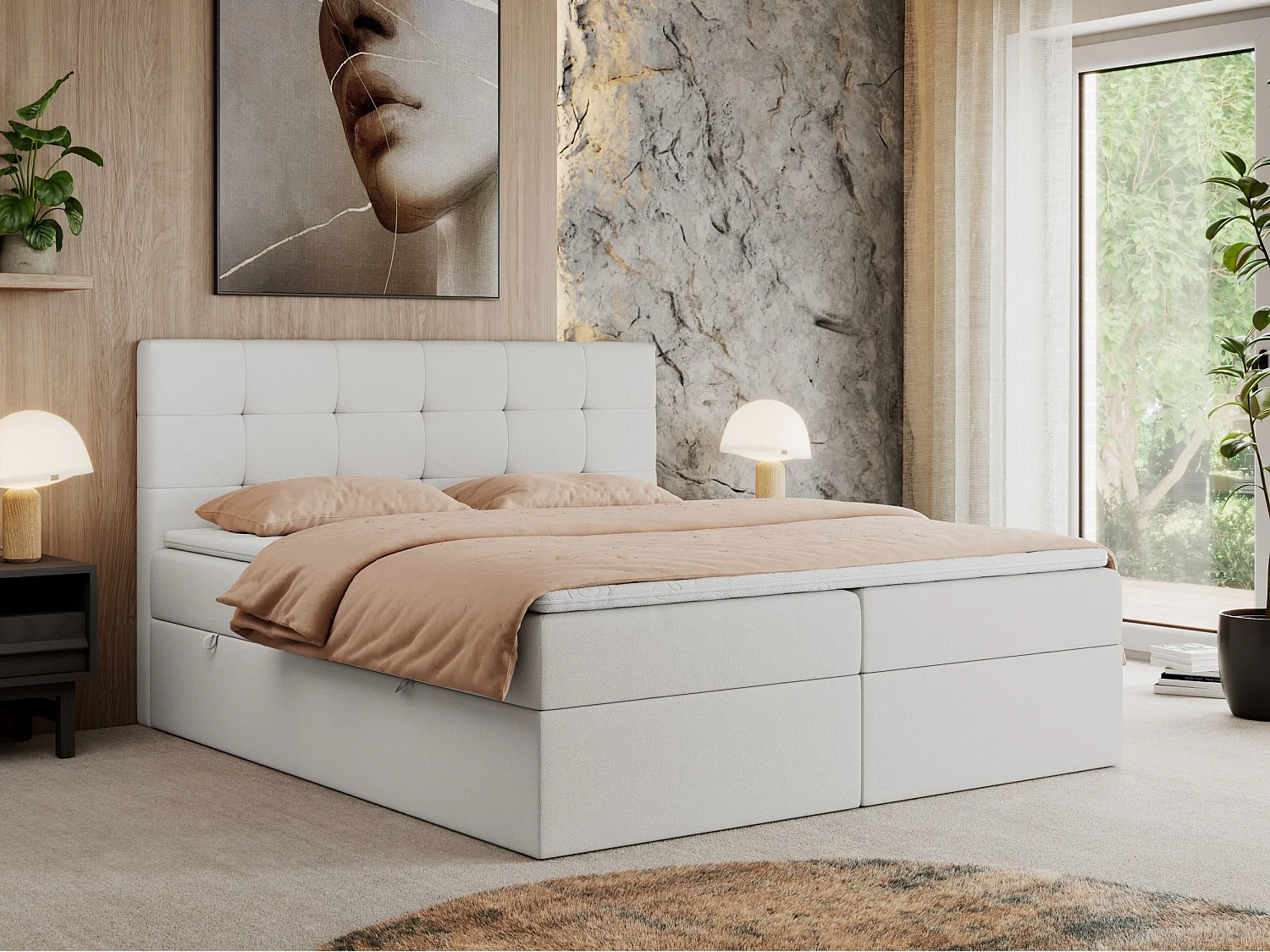Boxspringbett CENTOS mit gestepptem Kopfteil, Multipocket-Matratze, Doppelbett mit Stauraum - 200x200 cm - H3 - Weiß Kunstleder