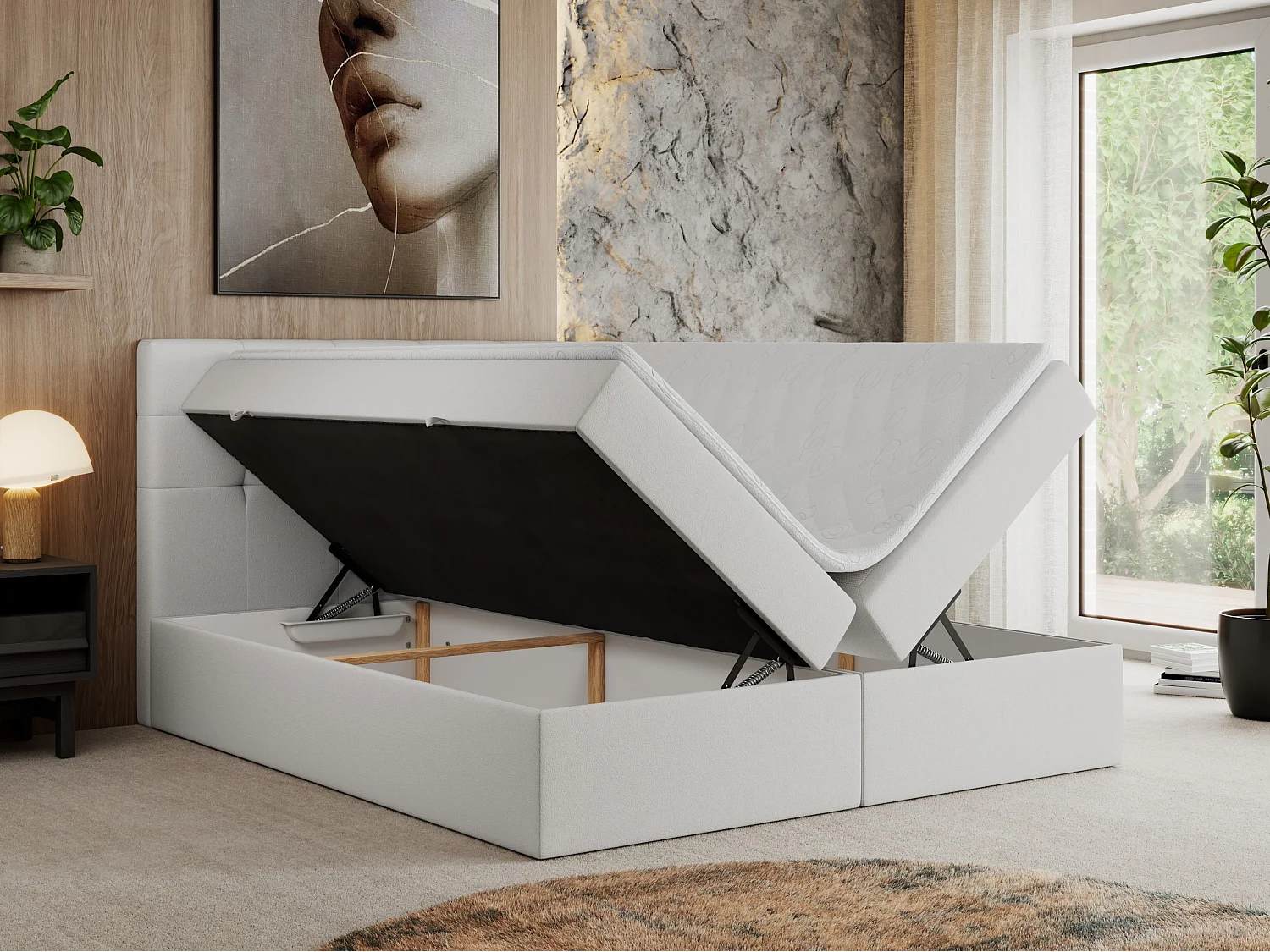 Boxspringbett CENTOS mit gestepptem Kopfteil, Multipocket-Matratze, Doppelbett mit Stauraum - 200x200 cm - H3 - Weiß Kunstleder