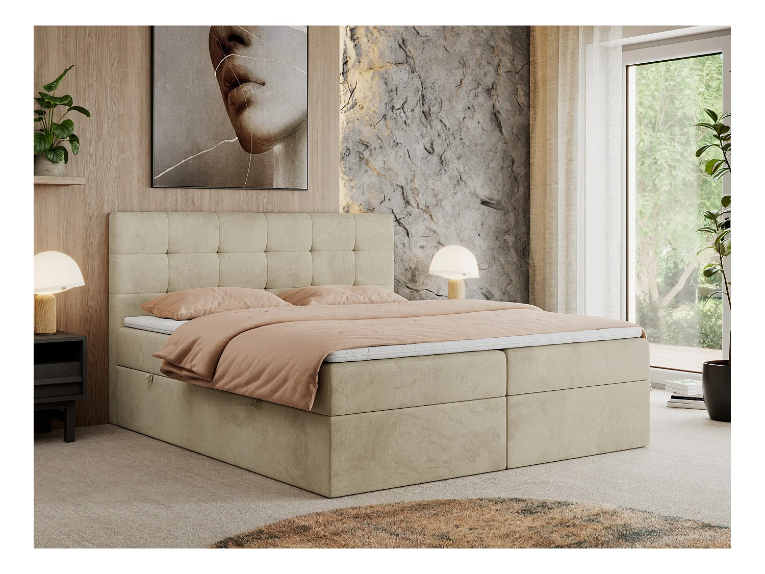 Boxspringbett CENTOS mit gestepptem Kopfteil, Multipocket-Matratze, Doppelbett mit Stauraum - 200x200 cm - H3 - Beige Velvet