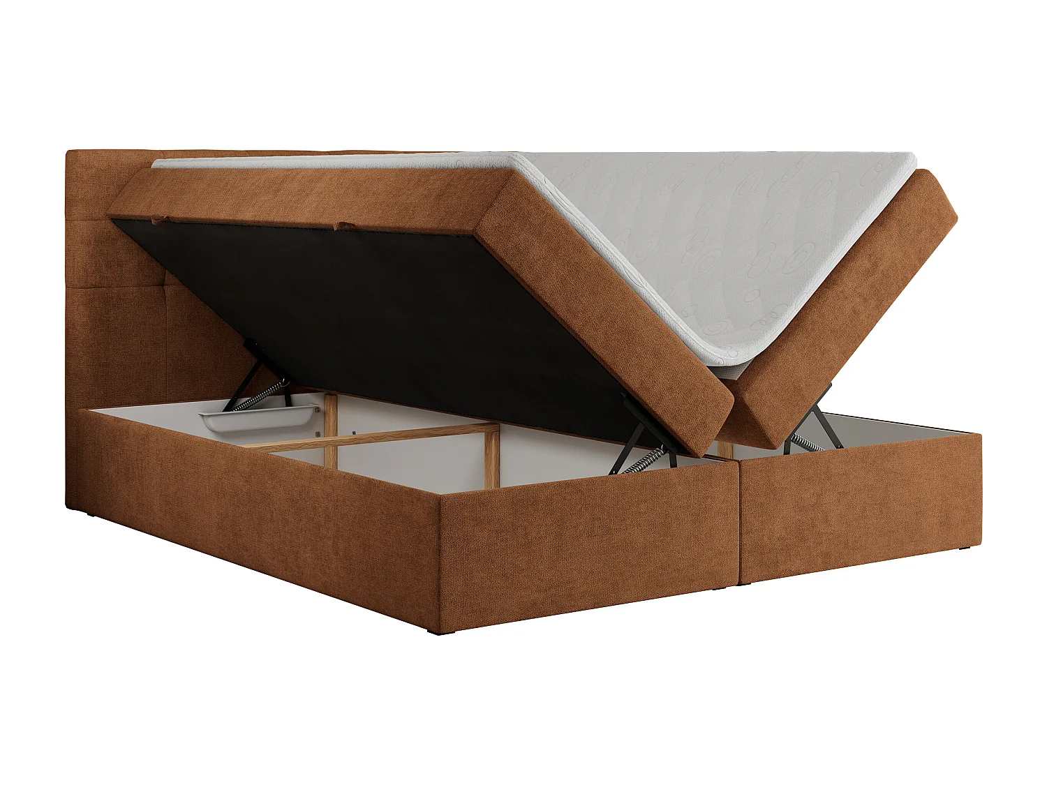 Boxspringbett CENTOS mit gestepptem Kopfteil, Multipocket-Matratze, Doppelbett mit Stauraum - 140x200 cm - H3 - Orange Struktur
