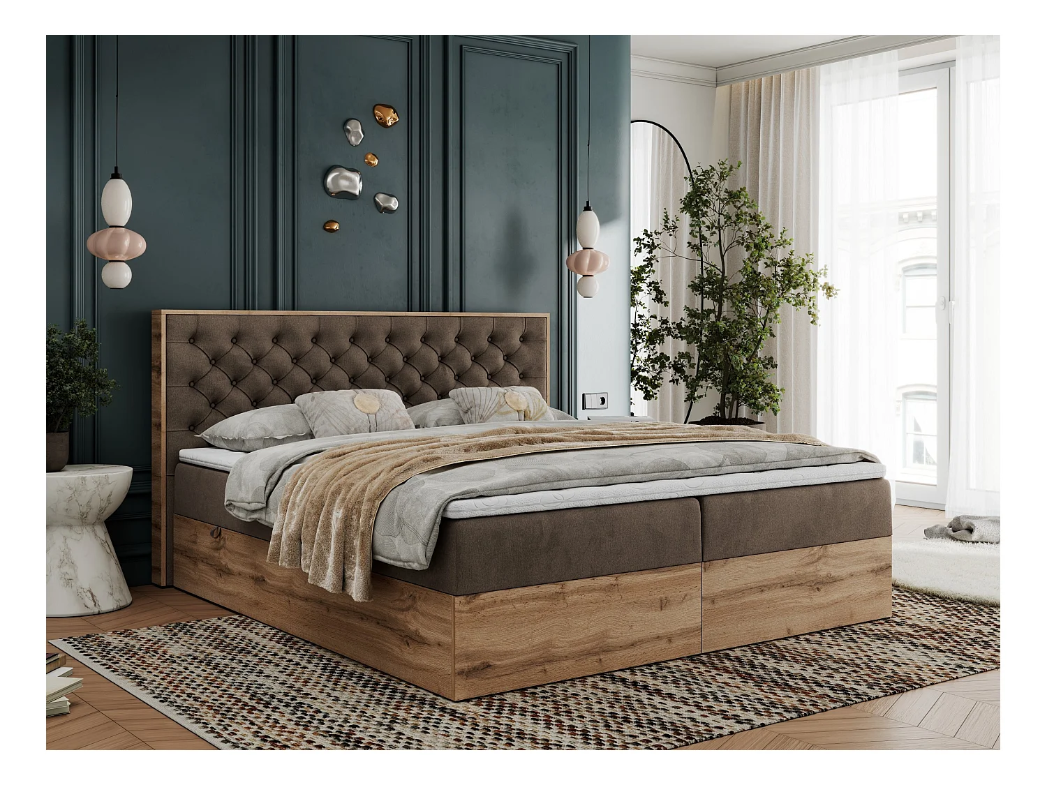Boxspringbett ALBERO 3 - gesteppte Kopfstütze, Eiche Wotan Holzrahmen, Stauraum - 200x200 cm - H4 - Braun Velvet