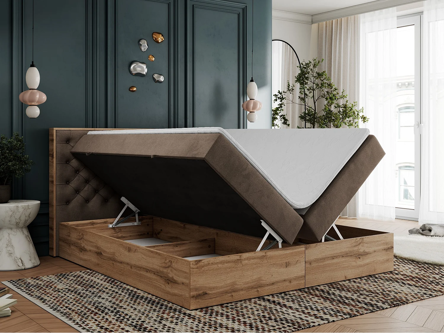 Boxspringbett ALBERO 3 - gesteppte Kopfstütze, Eiche Wotan Holzrahmen, Stauraum - 200x200 cm - H4 - Braun Velvet