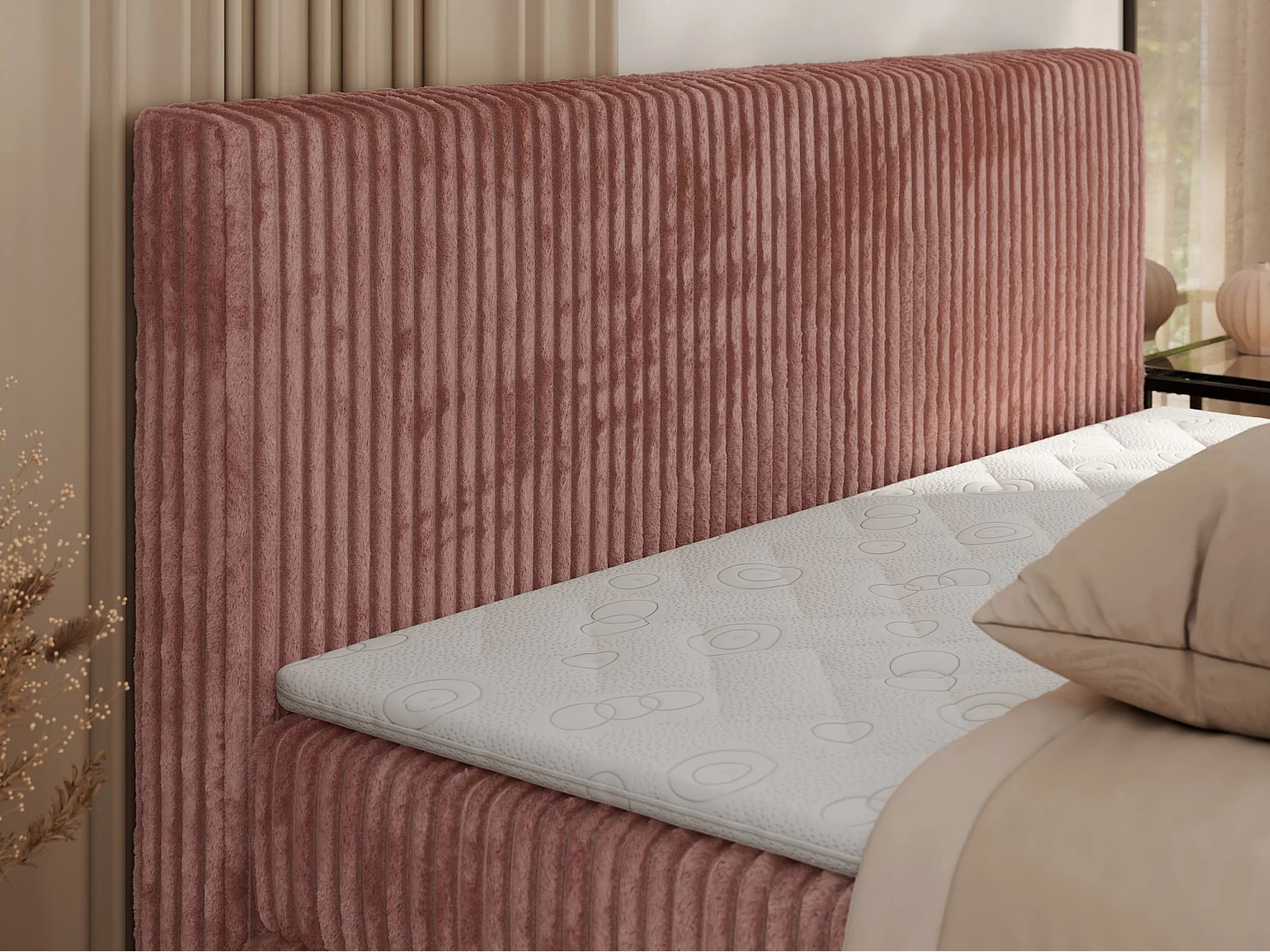 Boxspringbett TILIANO KING, Multipocket-Matratze, Cord Bett, Kopfteil und zwei Bettkästen - 140x200 cm - H4 - Rosa Cord