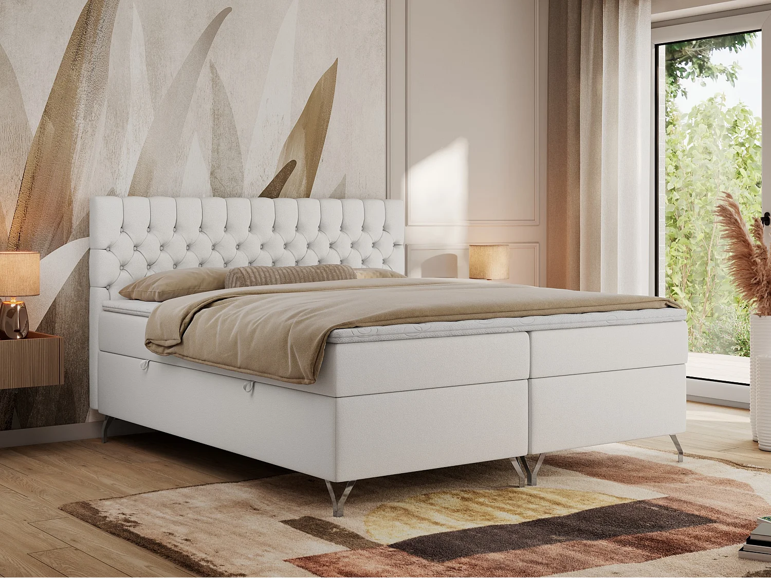 Boxspringbett GRIMALDI mit zwei Bettkästen, gesteppter Kopfstütze, Metallfüßen - 180x200 cm - H3 - Weiß Kunstleder