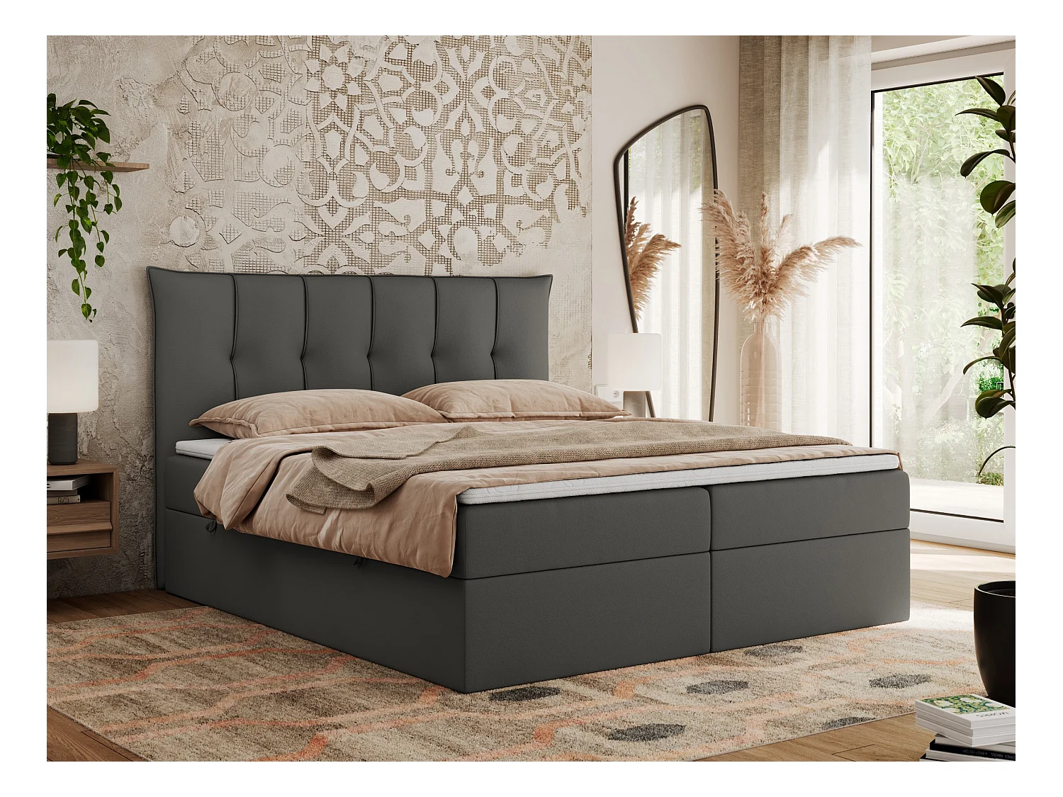 Boxspringbett PREMIUM 10 mit Multipocket-Matratze, gesteppte Kopfstütze, zwei Bettkästen - 180x200 cm - H4 - Dunkelgrau Kunstleder