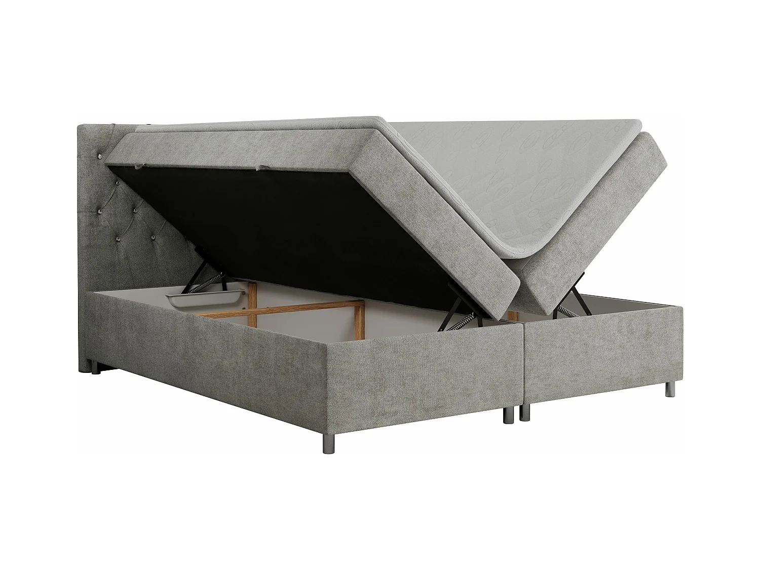 Boxspringbett ROMA mit gestepptem Kopfteil, Multipocket-Matratze, dekorative Füße - 200x200 cm - H3 - Hellgrau Strukture