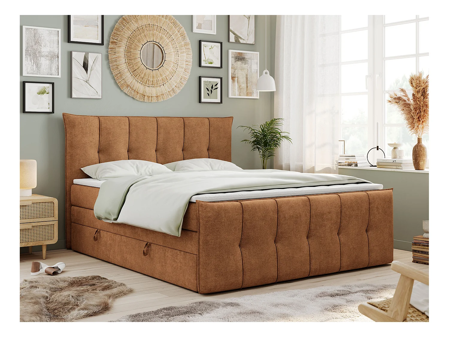 Boxspringbett PREMIUM 11 KING mit Stauraum, gestepptes Kopfteil, zwei Multipocket-Matratzen - 140x200 cm - H4 - Orange Strukture