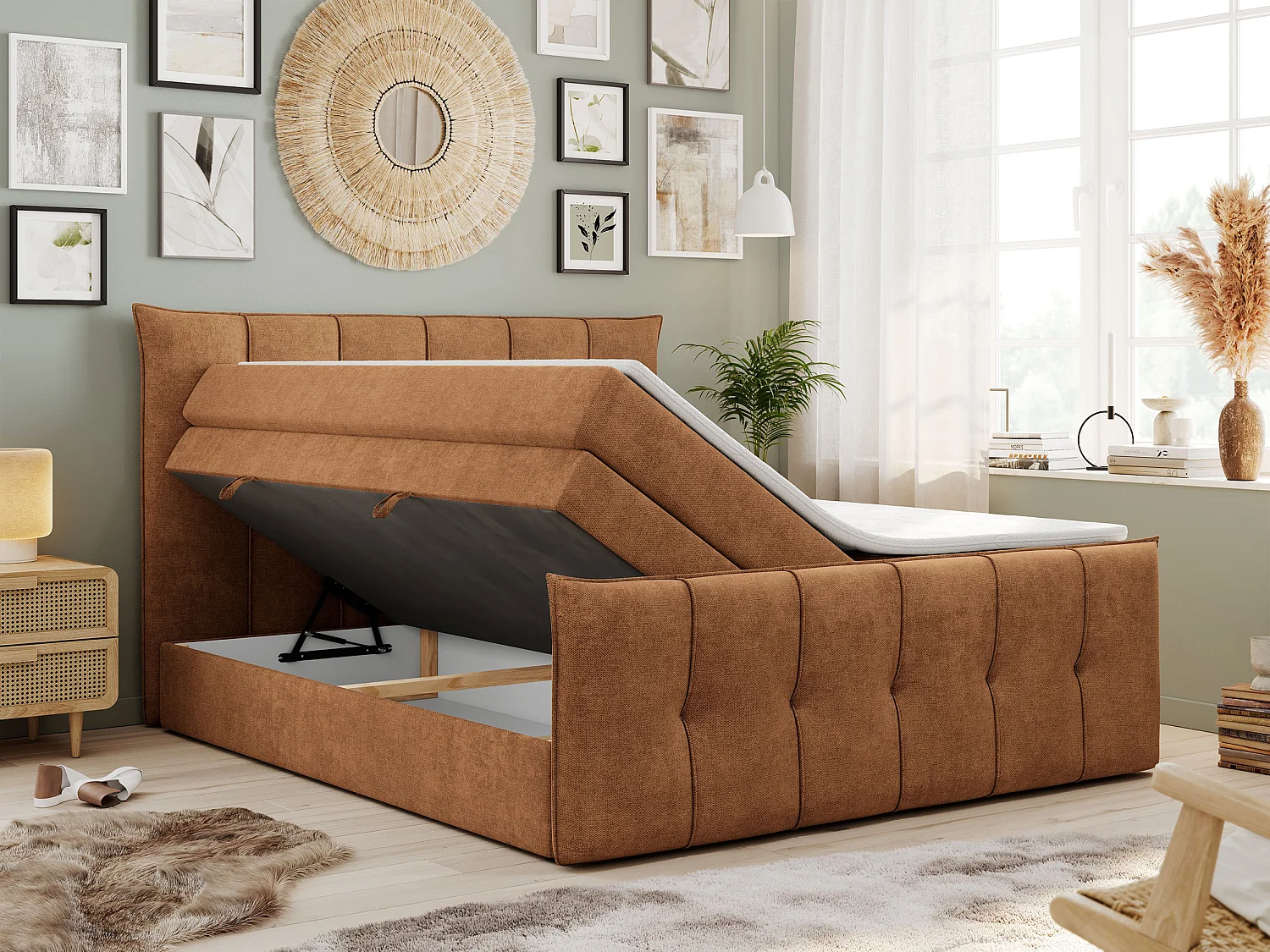 Boxspringbett PREMIUM 11 KING mit Stauraum, gestepptes Kopfteil, zwei Multipocket-Matratzen - 140x200 cm - H4 - Orange Strukture