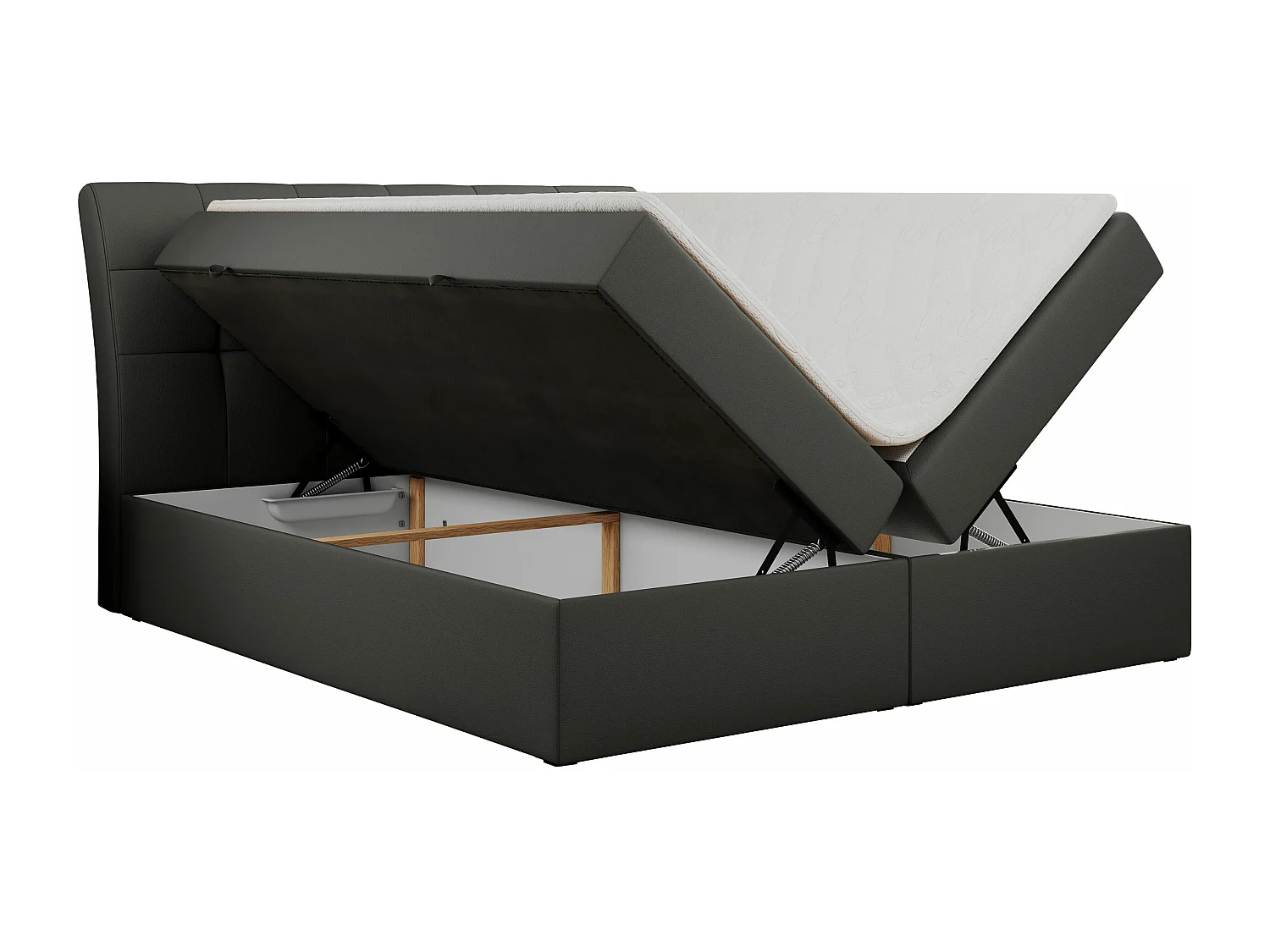 Boxspringbett DIEGOS mit Stauraum, gestepptem Kopfteil, Multipocket-Matratze - 200x200 cm - H3 - Dunkelgrau Kunstleder