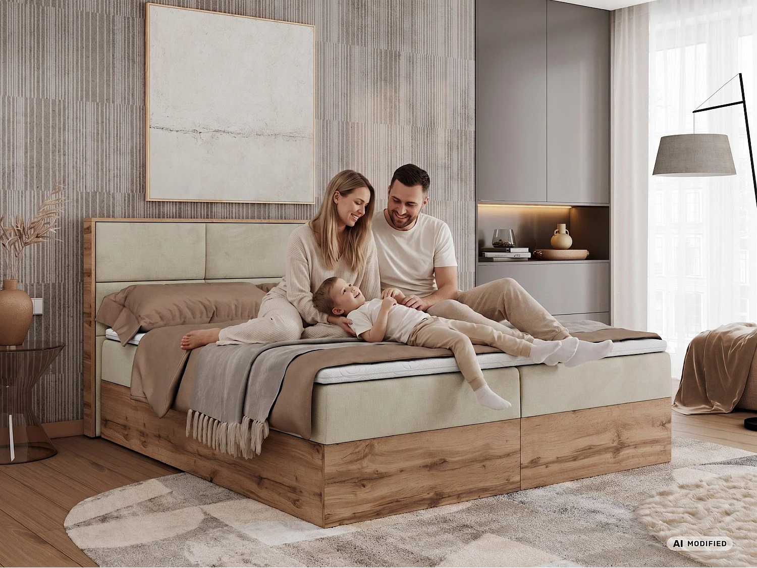 Boxspringbed met hoofdbord H4 + Topper T25 - Lichtgrijs Structuurstof - 160x200 - ALBERO 2