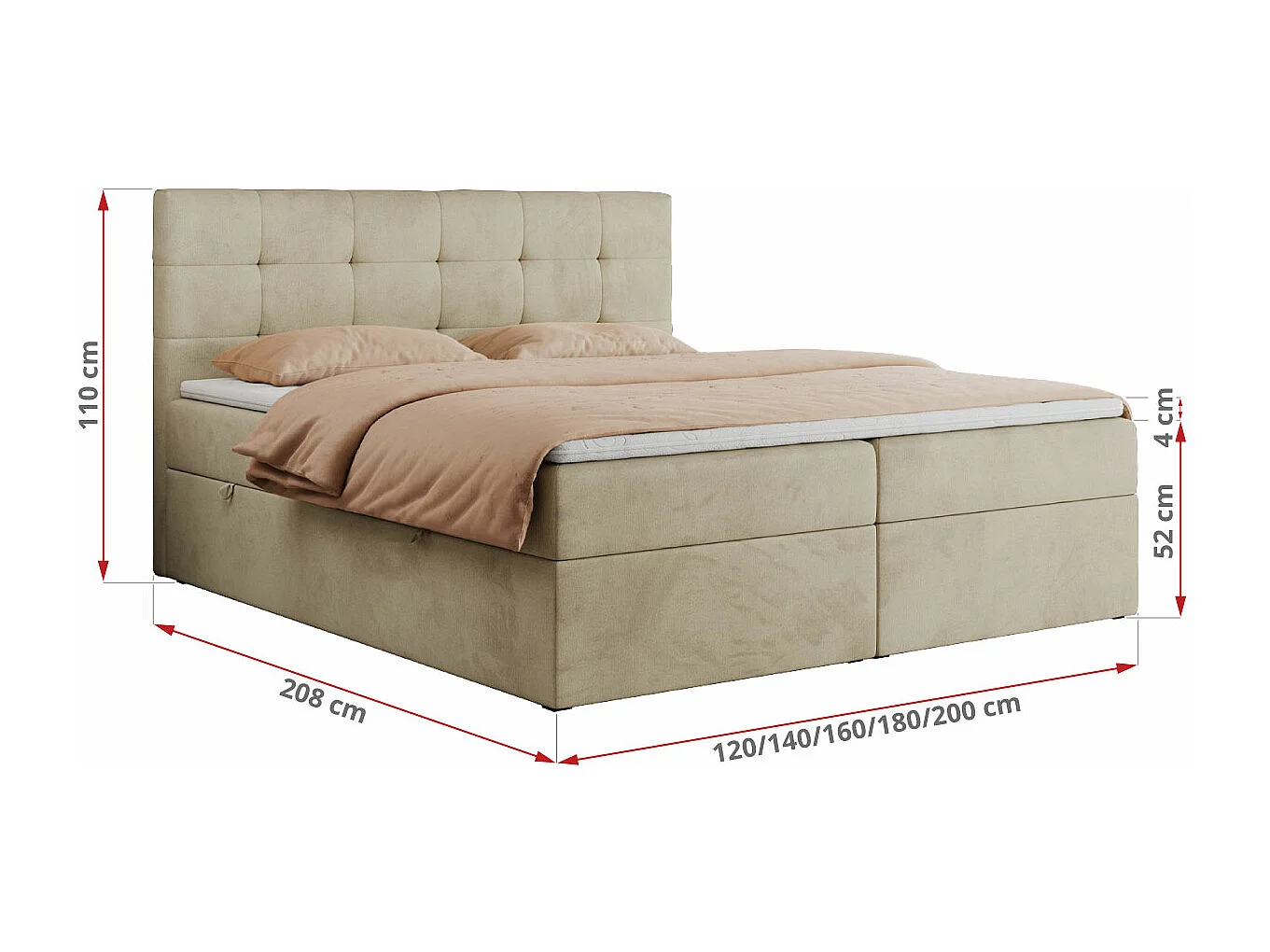 Boxspringbett CENTOS mit gestepptem Kopfteil, Multipocket-Matratze, Doppelbett mit Stauraum - 160x200 cm - H3 - Beige Velvet