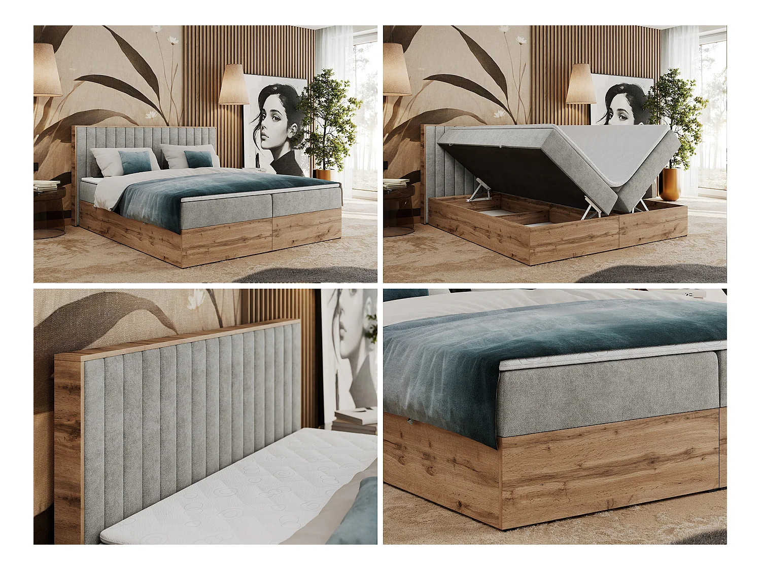 Boxspringbett ALBERO 4, Eiche Wotan Holzrahmen, mit Stauraum, genähtes Kopfteil - 140x200 cm - H4 - Hellgrau Strukture