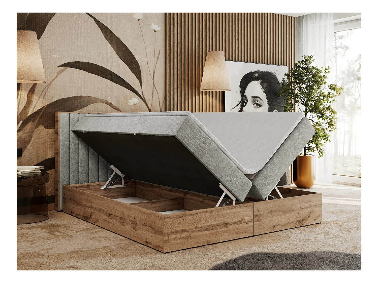 Boxspringbett ALBERO 4, Eiche Wotan Holzrahmen, mit Stauraum, genähtes Kopfteil - 140x200 cm - H4 - Hellgrau Strukture