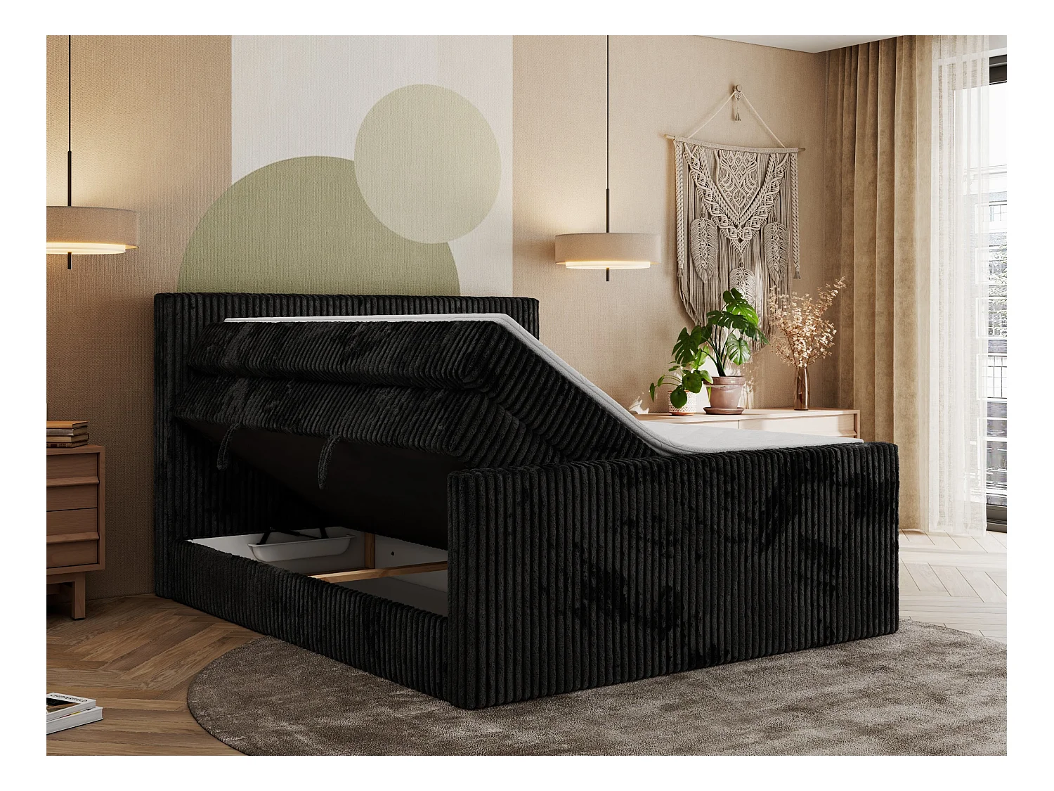 Boxspringbett TILIANO KING DUO, mit zwei Bettkästen, Cord Bett Multipocket-Matratze - 160x200 cm - H3 - Schwarz Cord