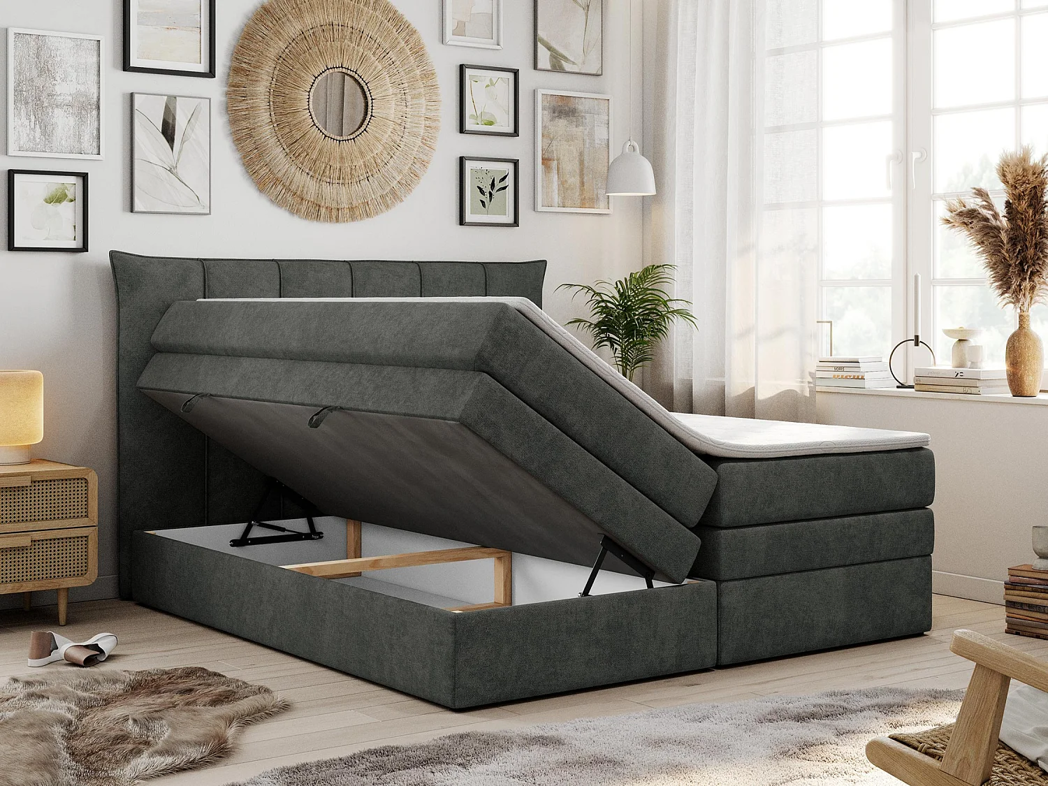 Boxspringbett PREMIUM 10 KING, Doppelbett mit Stauraum, gesteppte Kopfstütze, Multipocket-Matratze - 140x200 cm - H4 - Dunkelgrau Strukture