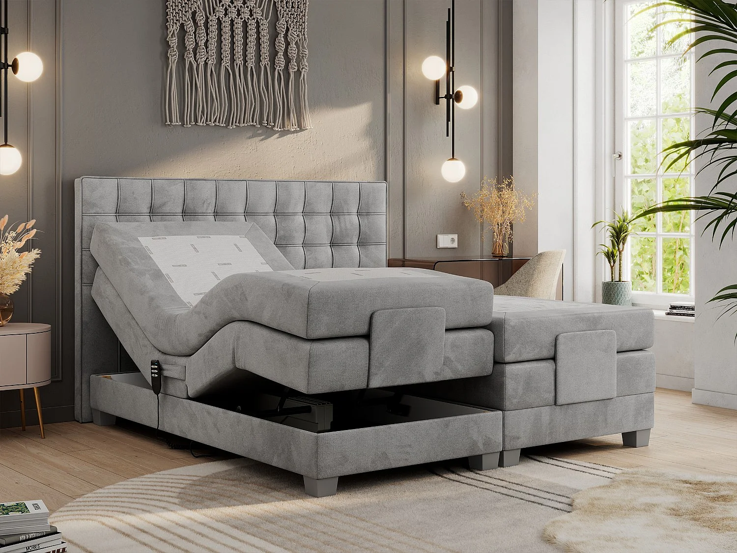 Boxspringbett ELEKTRO mit Multipocket-Matratze, Elektrisch verstellbare, genähtes Kopfteil - 160x200 cm - H3 - Hellgrau Velvet