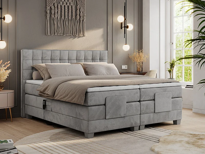 Boxspringbett ELEKTRO mit Multipocket-Matratze, Elektrisch verstellbare, genähtes Kopfteil - 160x200 cm - H3 - Hellgrau Velvet
