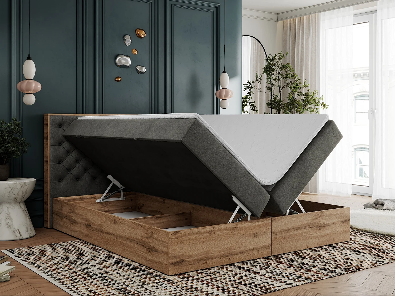 Boxspringbett ALBERO 3 - gesteppte Kopfstütze, Eiche Wotan Holzrahmen, Stauraum - 200x200 cm - H4 - Dunkelgrau Velvet