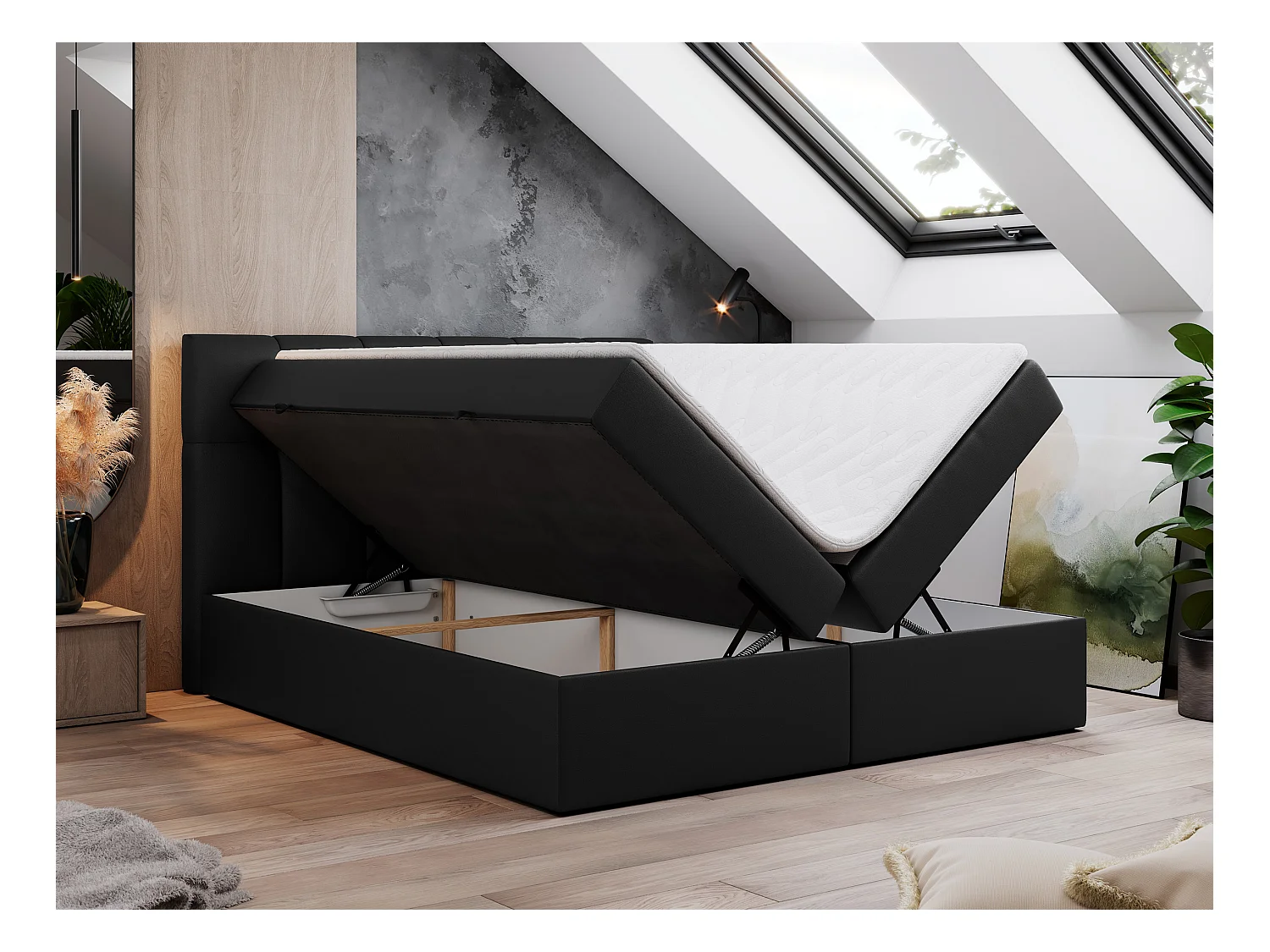 Boxspringbett RICO, Doppelbett mit Matratze, zwei Bettkästen, Bett mit Kopfteil - 140x200 cm - H4 - Schwarz Kunstleder