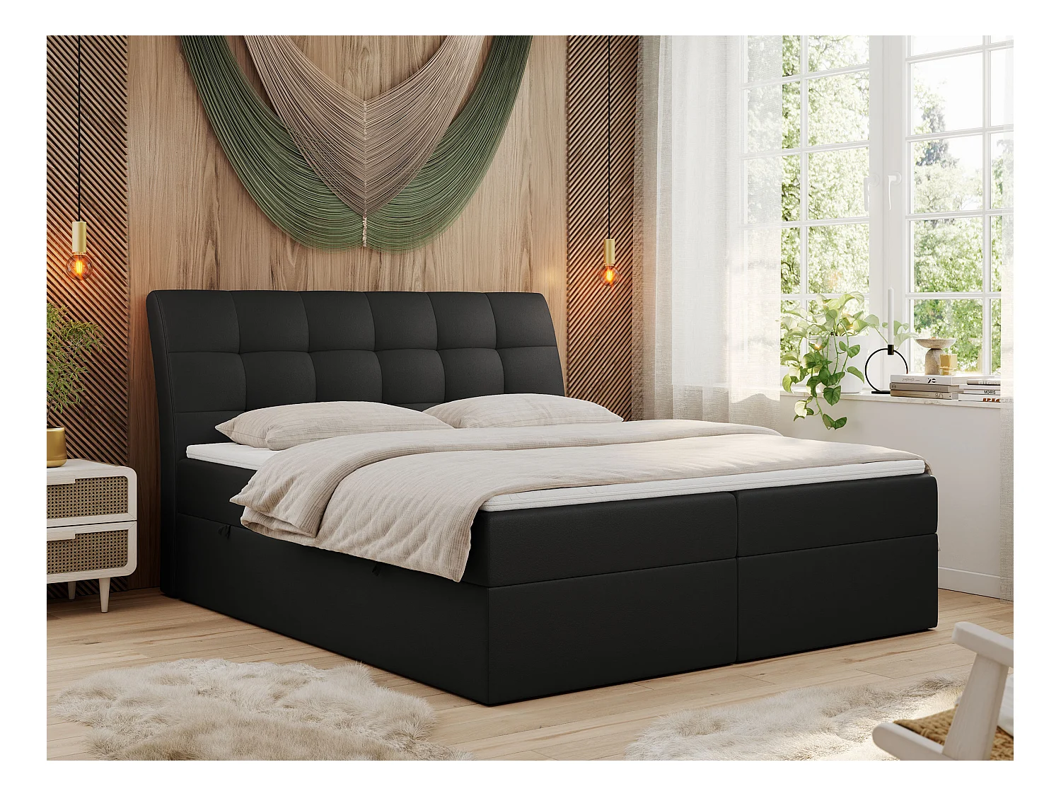 Boxspringbett DIEGOS mit Stauraum, gestepptem Kopfteil, Multipocket-Matratze - 140x200 cm - H3 - Schwarz Kunstleder