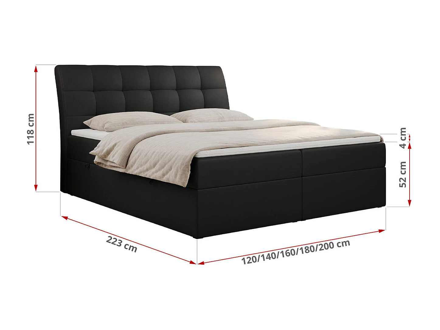 Boxspringbett DIEGOS mit Stauraum, gestepptem Kopfteil, Multipocket-Matratze - 140x200 cm - H3 - Schwarz Kunstleder