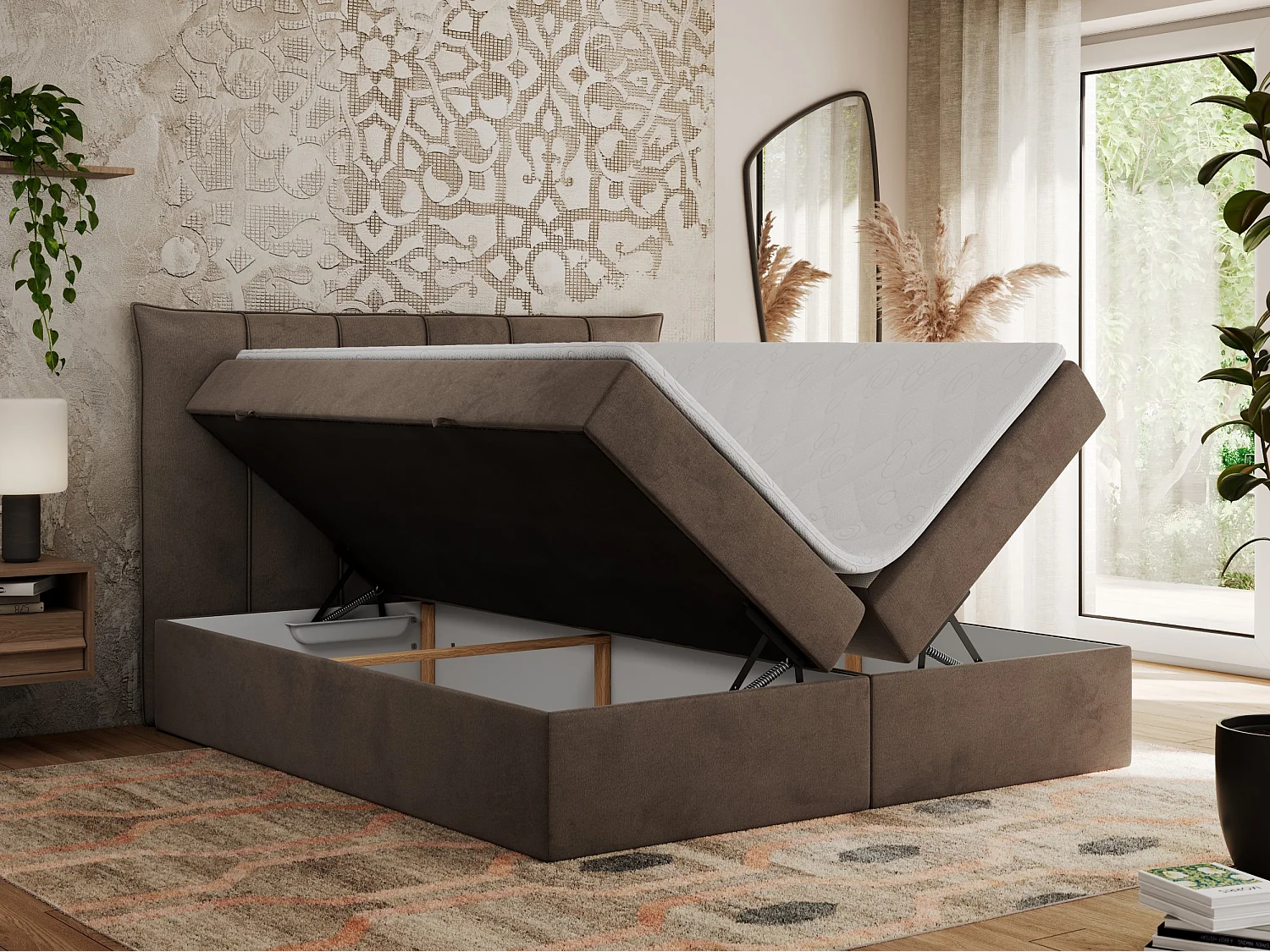 Boxspringbett PREMIUM 10 mit Multipocket-Matratze, gesteppte Kopfstütze, zwei Bettkästen - 140x200 cm - H4 - Braun Velvet