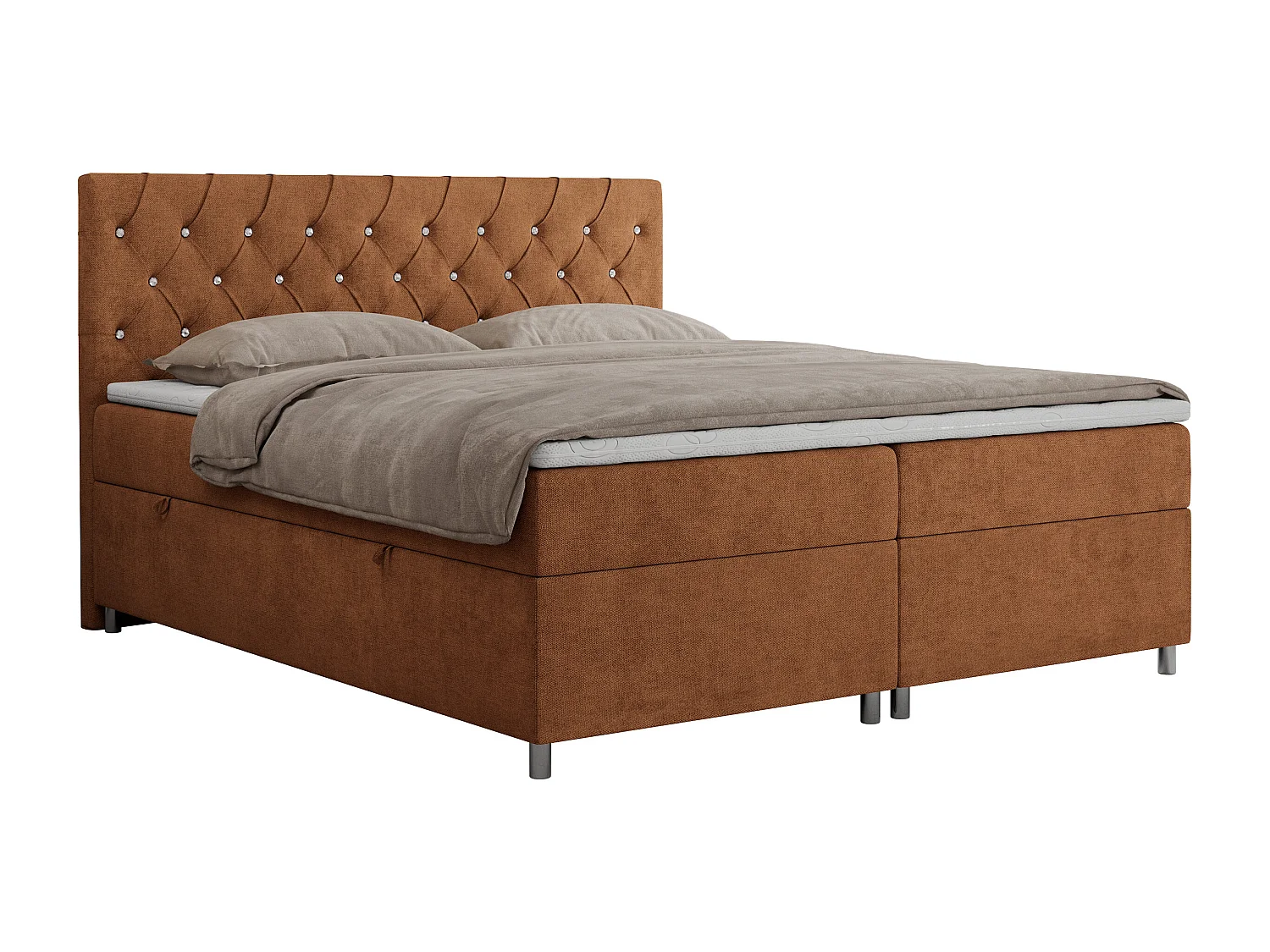 Boxspringbett ROMA mit gestepptem Kopfteil, Multipocket-Matratze, dekorative Füße - 160x200 cm - H3 - Orange Strukture