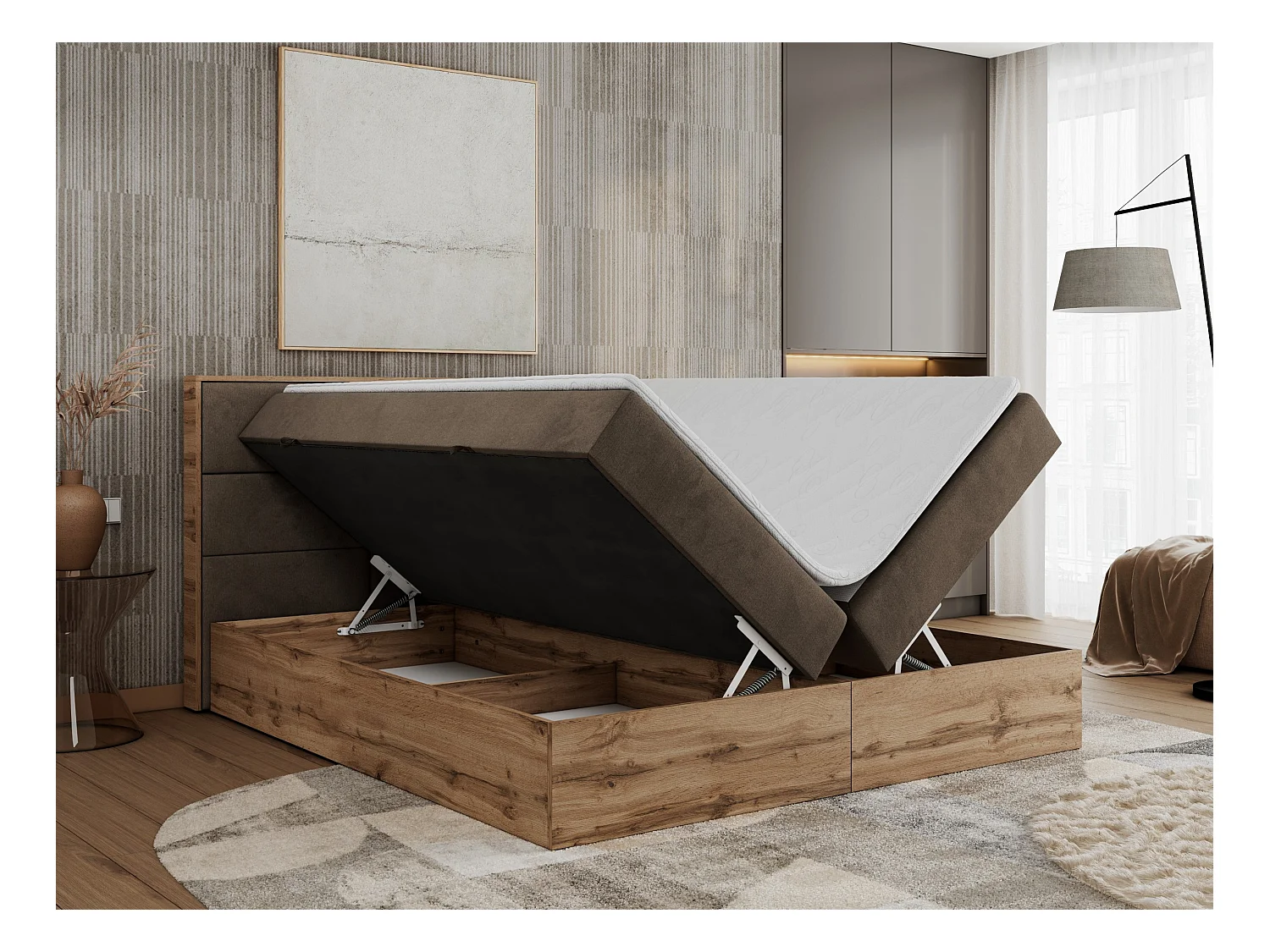 Boxspringbett ALBERO 2 mit Topper und Multipocket-Matratze, Stauraum, Holzrahmen - 120x200 cm - H4 - Braun Velvet