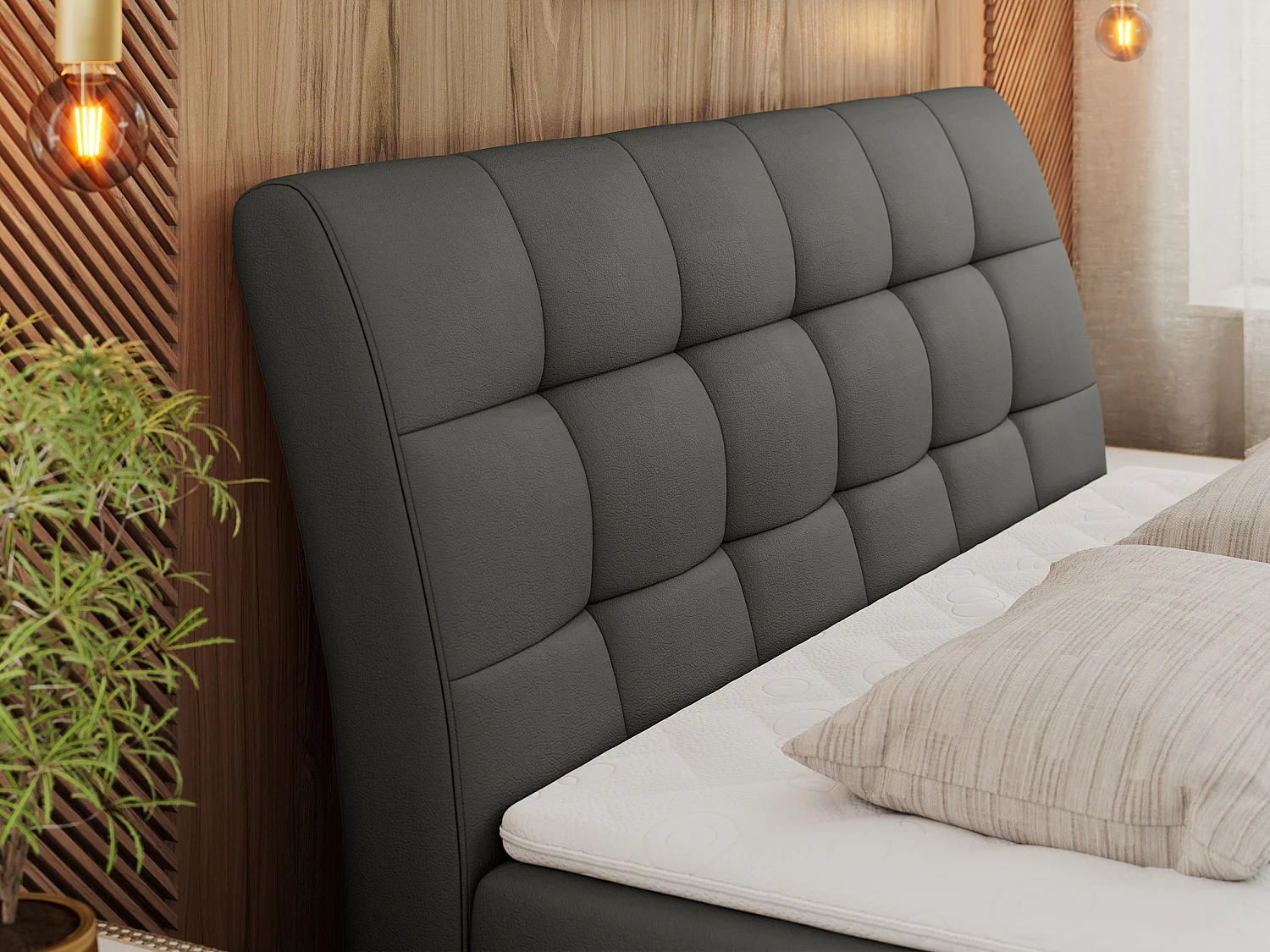 Boxspringbett DIEGOS mit Stauraum, gestepptem Kopfteil, Multipocket-Matratze - 120x200 cm - H4 - Dunkelgrau Kunstleder