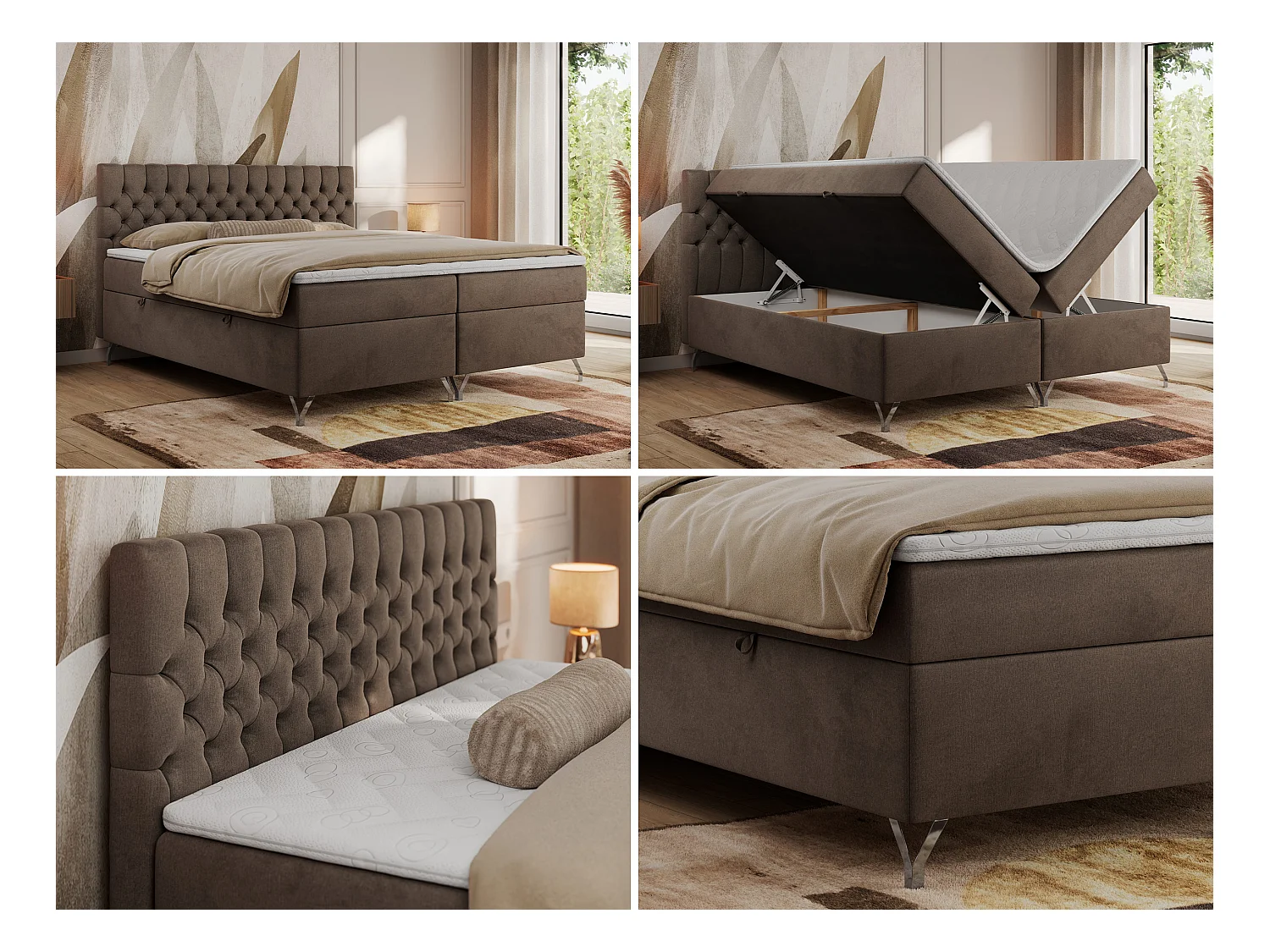 Boxspringbett GRIMALDI mit zwei Bettkästen, gesteppter Kopfstütze, Metallfüßen - 180x200 cm - H4 - Braun Velvet