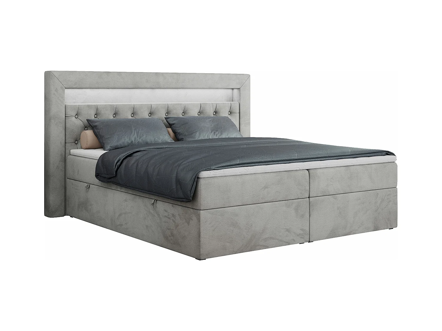 Boxspringbett GOLD 6, Doppelbett mit Stauraum, LED-Beleuchtung, gesteppte Kopfstütze - 200x200 cm - H4 - Hellgrau Velvet